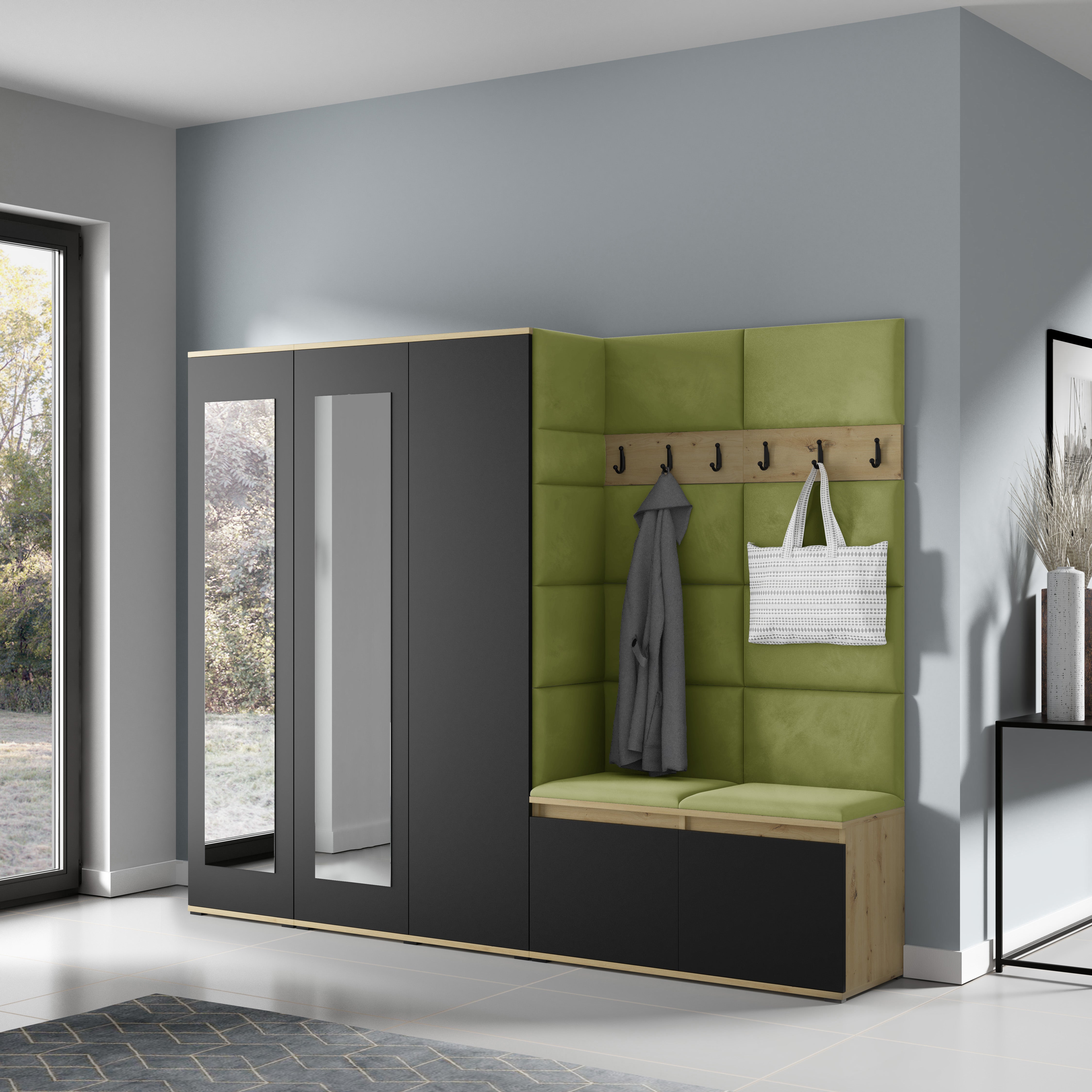 PK Emi 15 Hallway Wardrobe Artisan Oak / Black - Upholstered Panels in Various Colours