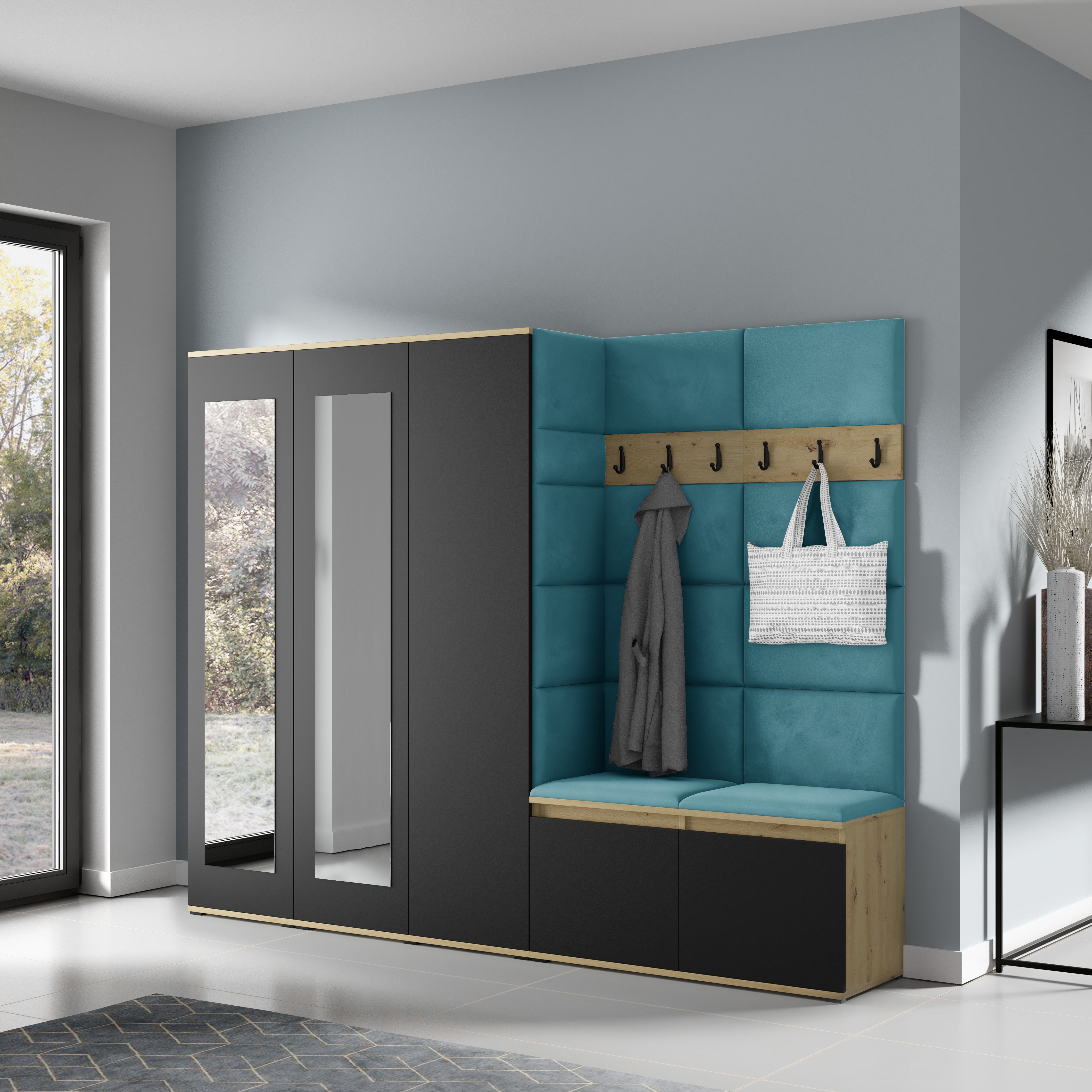 PK Emi 15 Hallway Wardrobe Artisan Oak / Black - Upholstered Panels in Various Colours