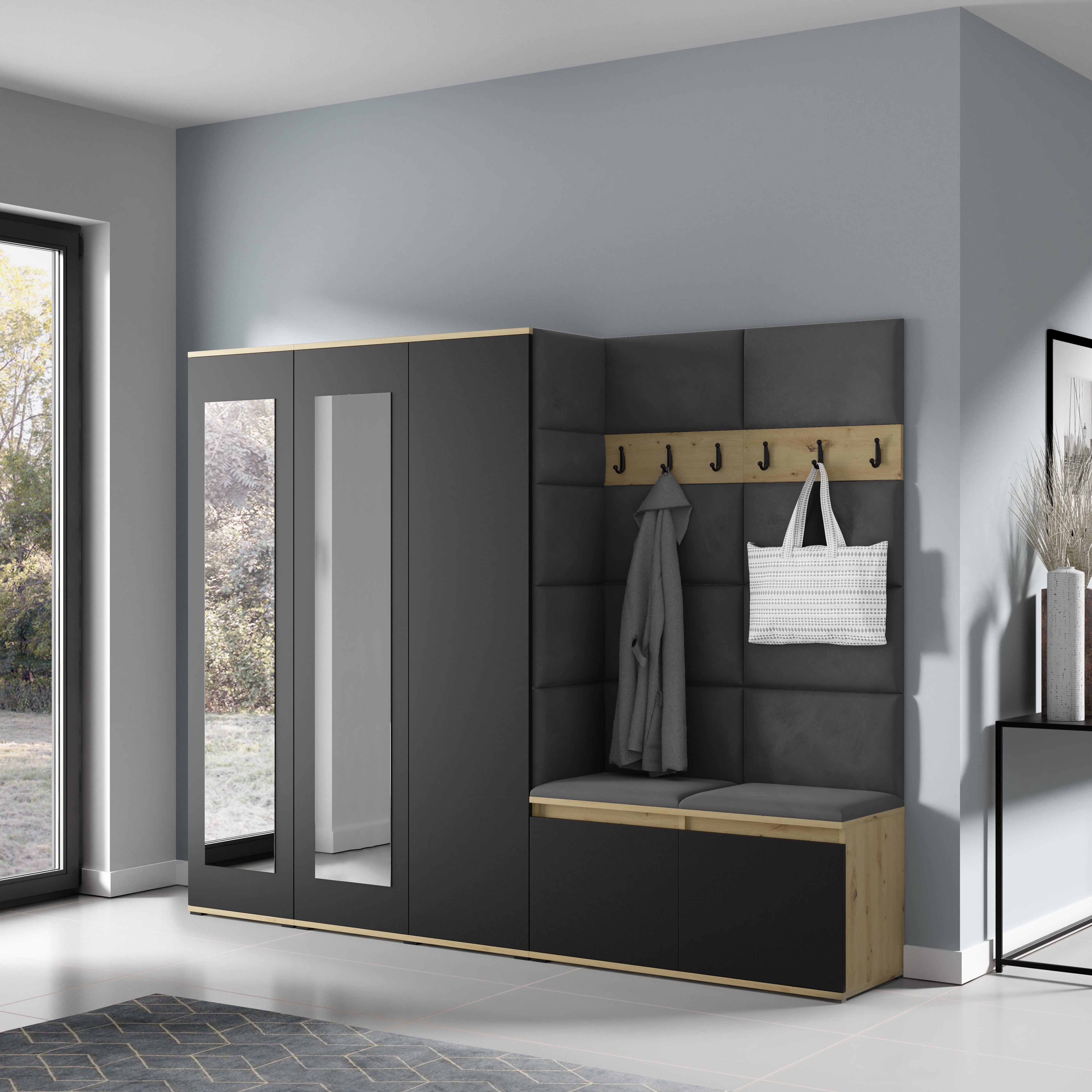 PK Emi 15 Hallway Wardrobe Artisan Oak / Black - Upholstered Panels in Various Colours
