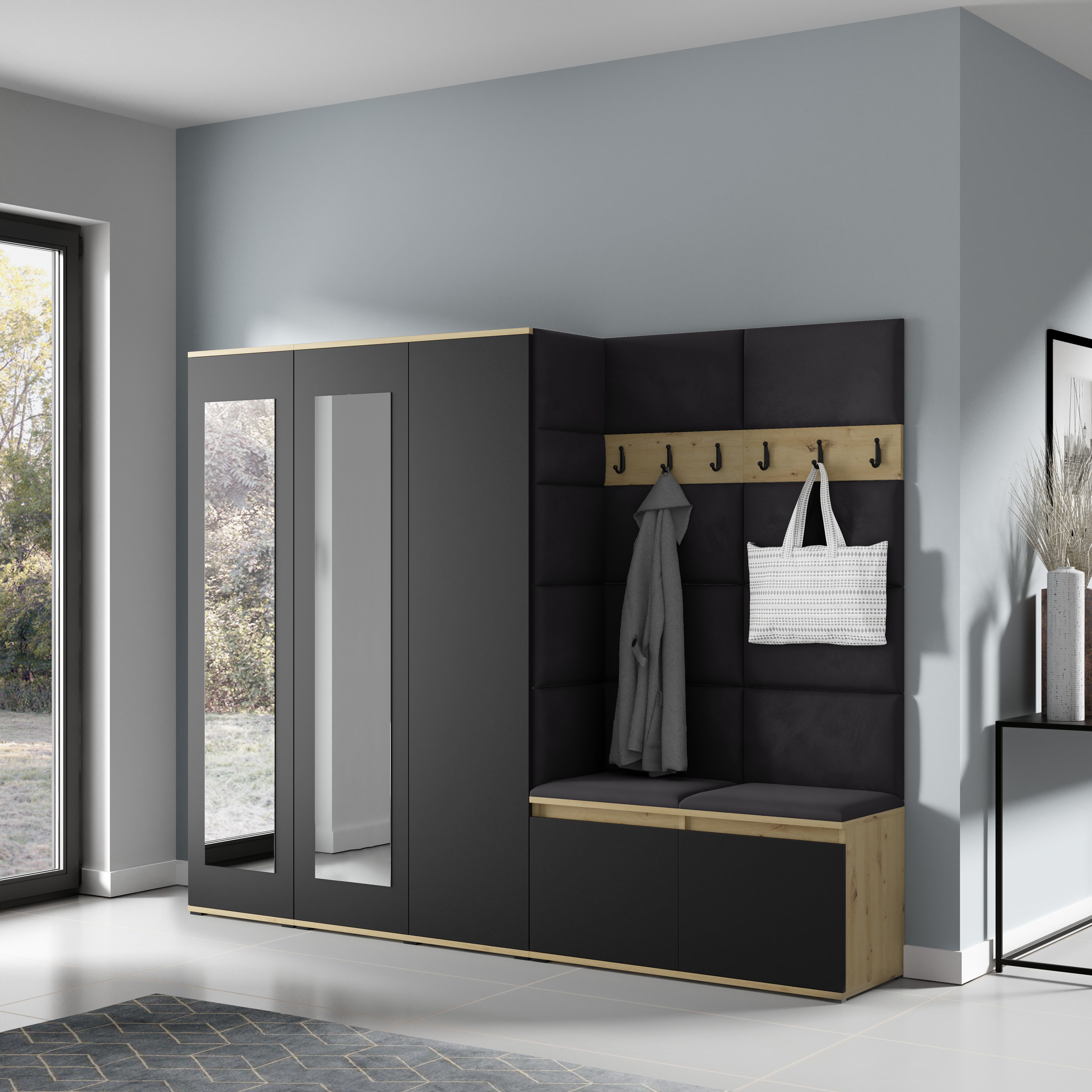 PK Emi 15 Hallway Wardrobe Artisan Oak / Black - Upholstered Panels in Various Colours