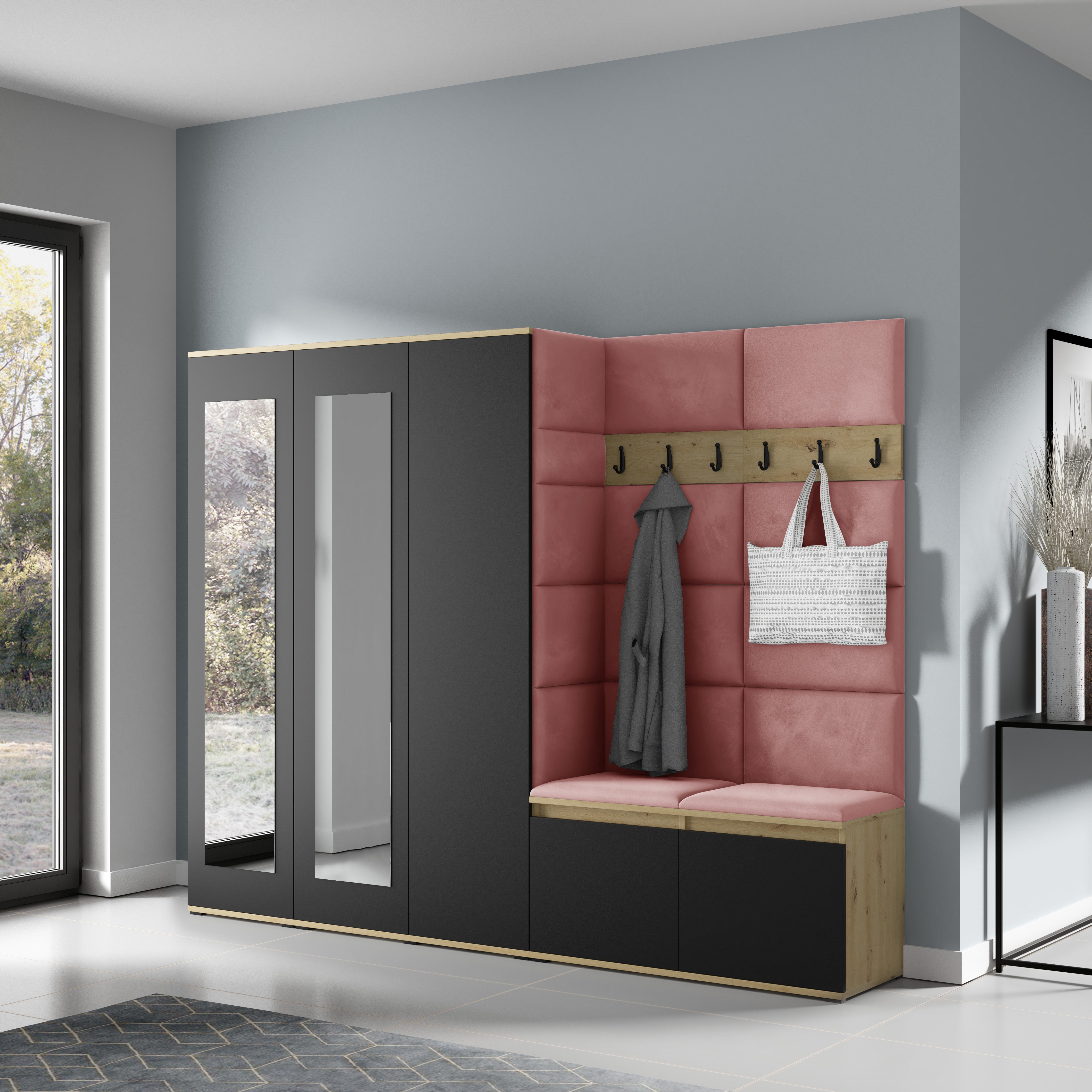 PK Emi 15 Hallway Wardrobe Artisan Oak / Black - Upholstered Panels in Various Colours