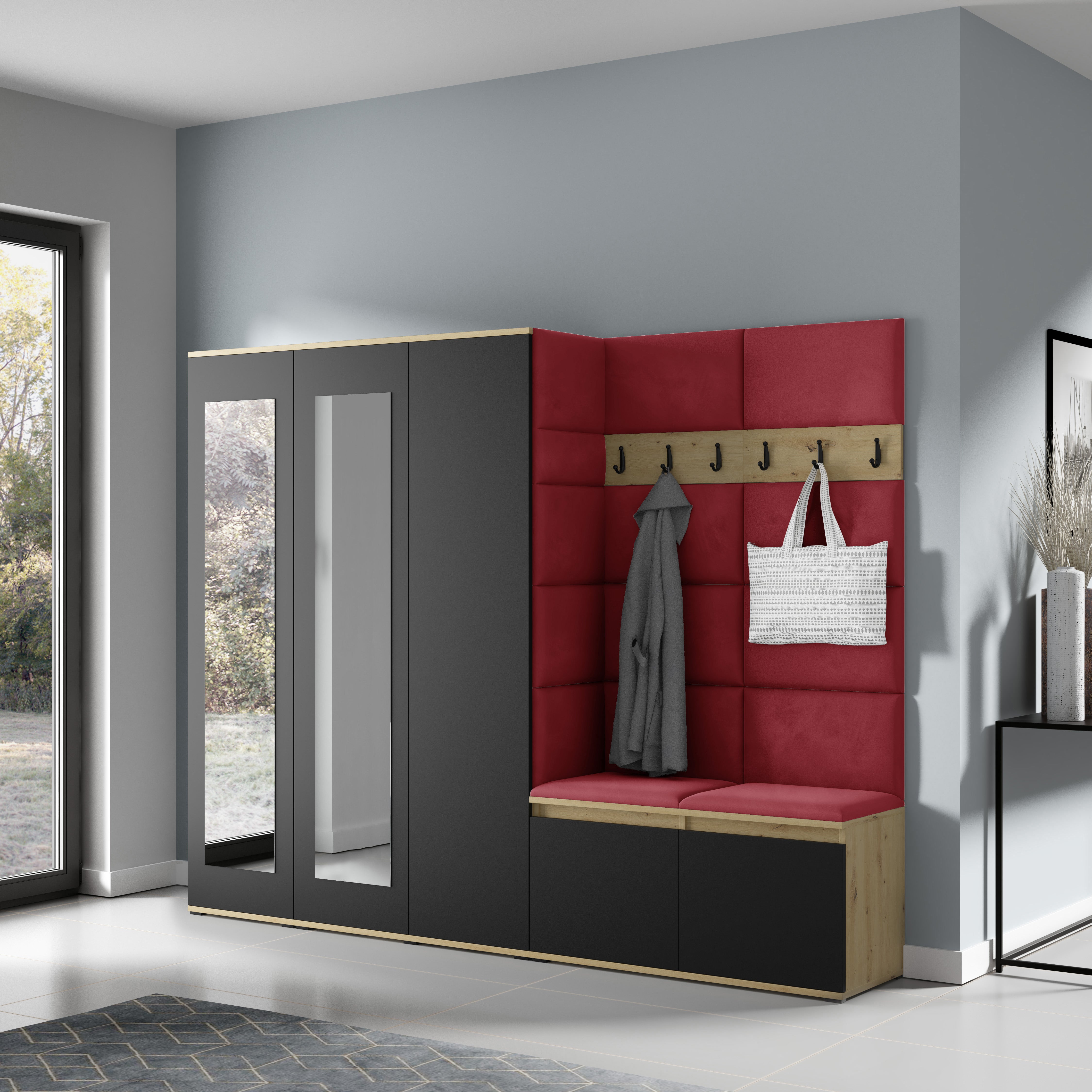 PK Emi 15 Hallway Wardrobe Artisan Oak / Black - Upholstered Panels in Various Colours