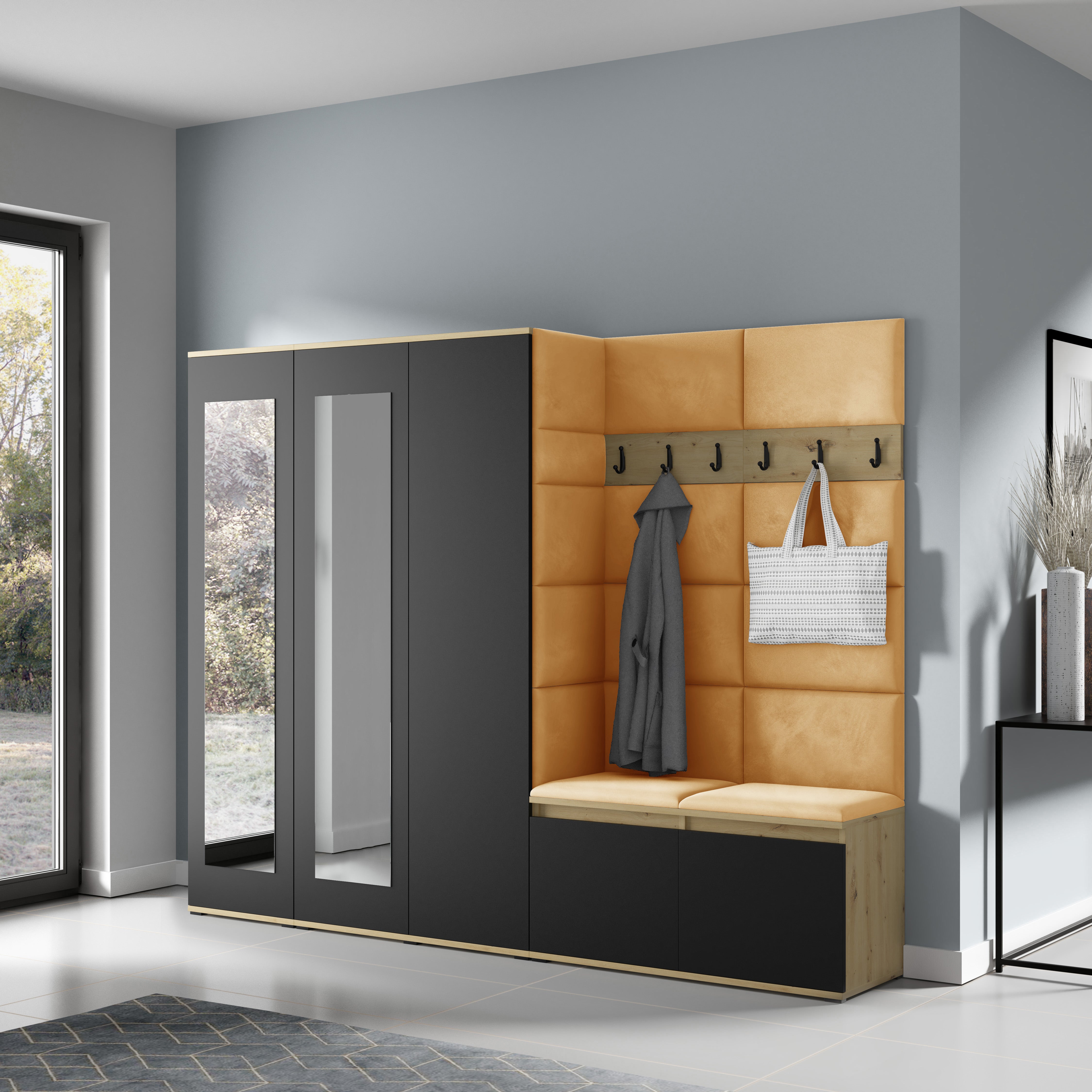 PK Emi 15 Hallway Wardrobe Artisan Oak / Black - Upholstered Panels in Various Colours