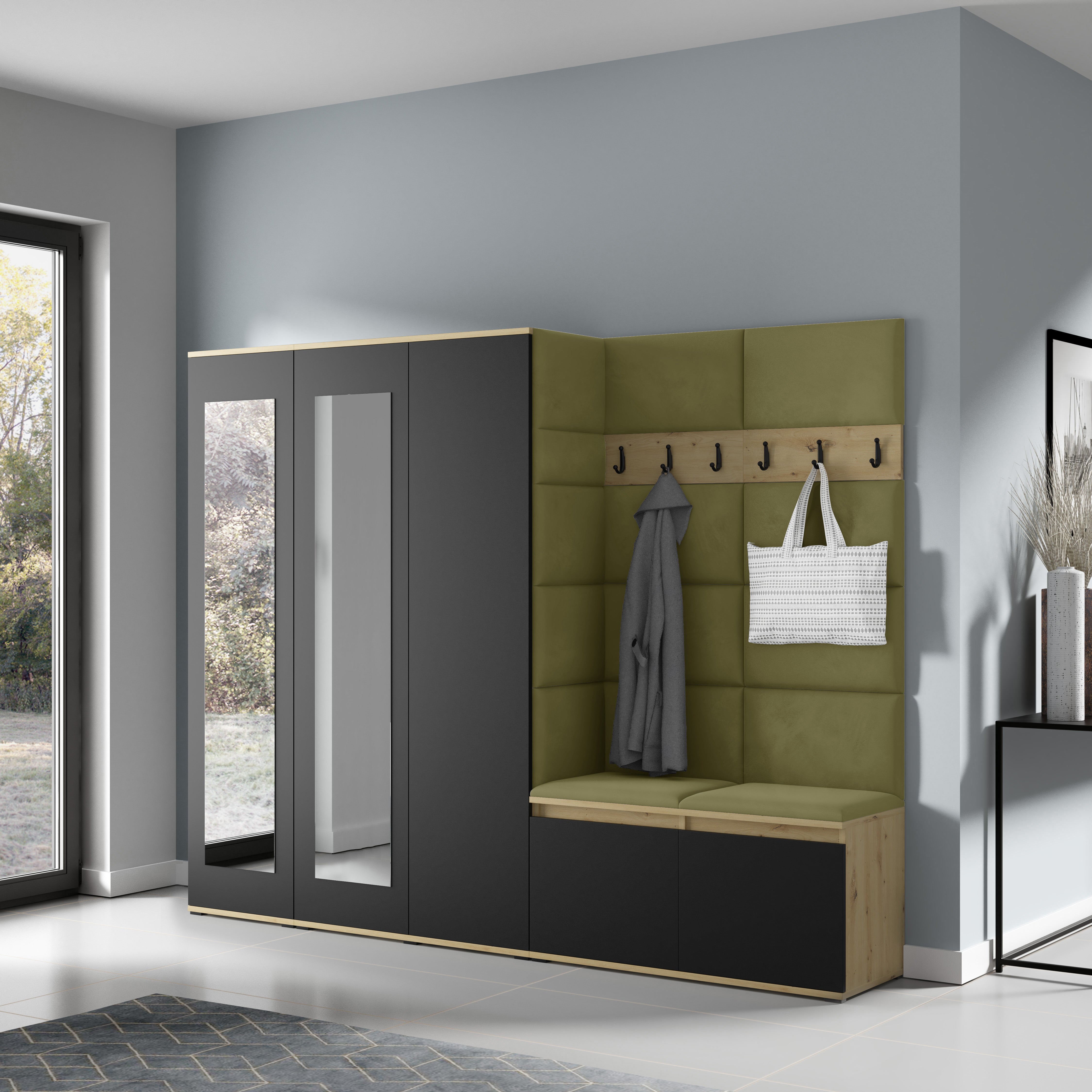 PK Emi 15 Hallway Wardrobe Artisan Oak / Black - Upholstered Panels in Various Colours