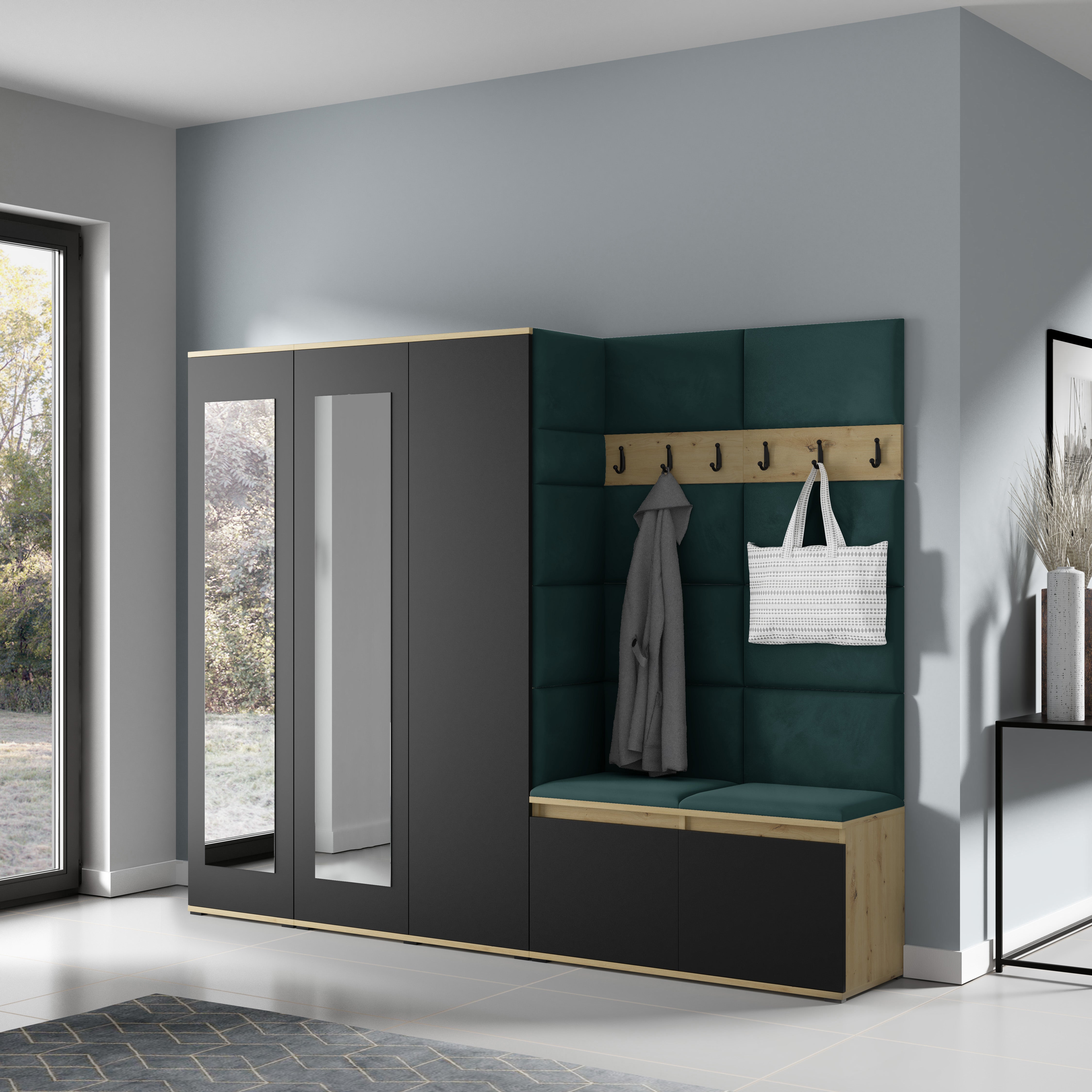 PK Emi 15 Hallway Wardrobe Artisan Oak / Black - Upholstered Panels in Various Colours