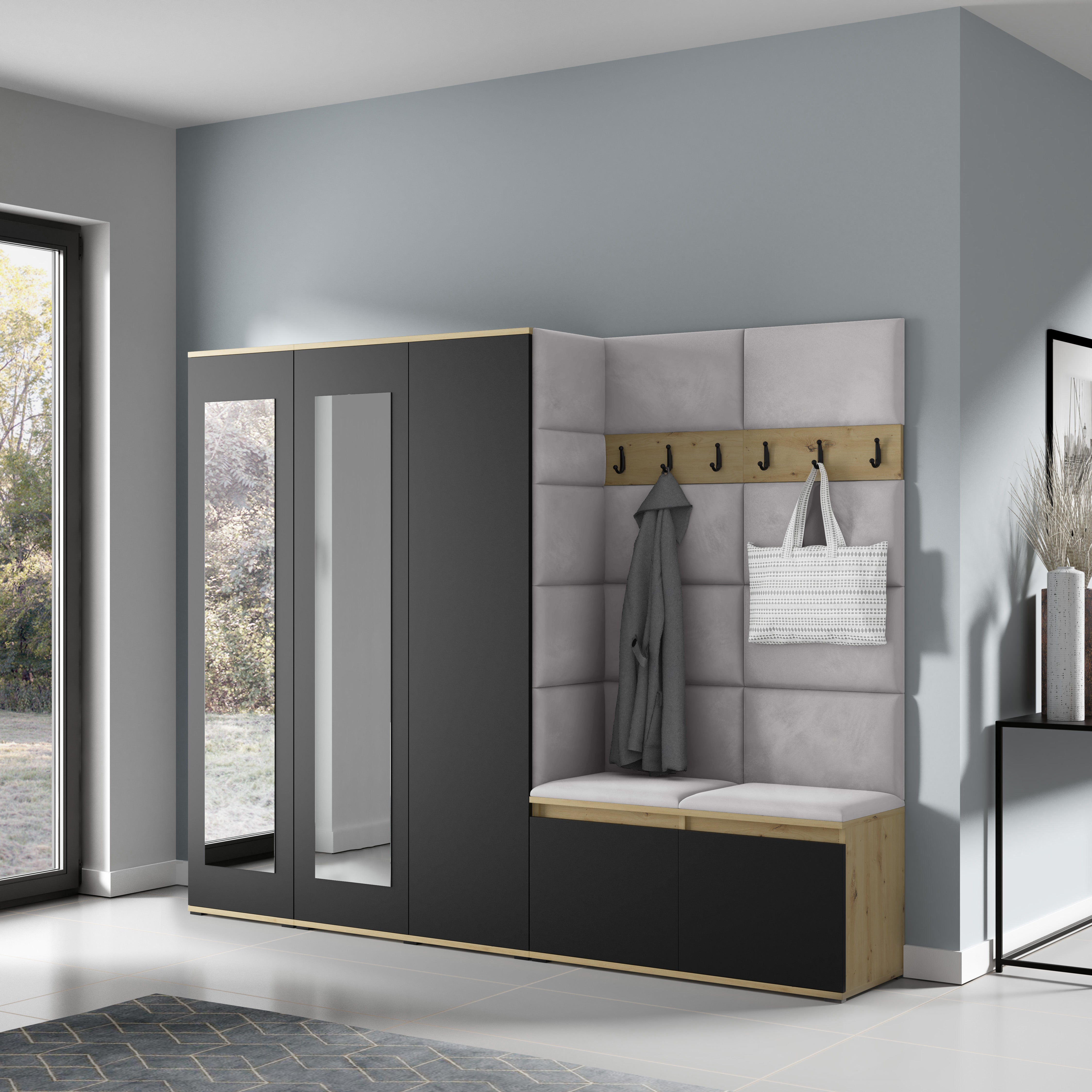 PK Emi 15 Hallway Wardrobe Artisan Oak / Black - Upholstered Panels in Various Colours