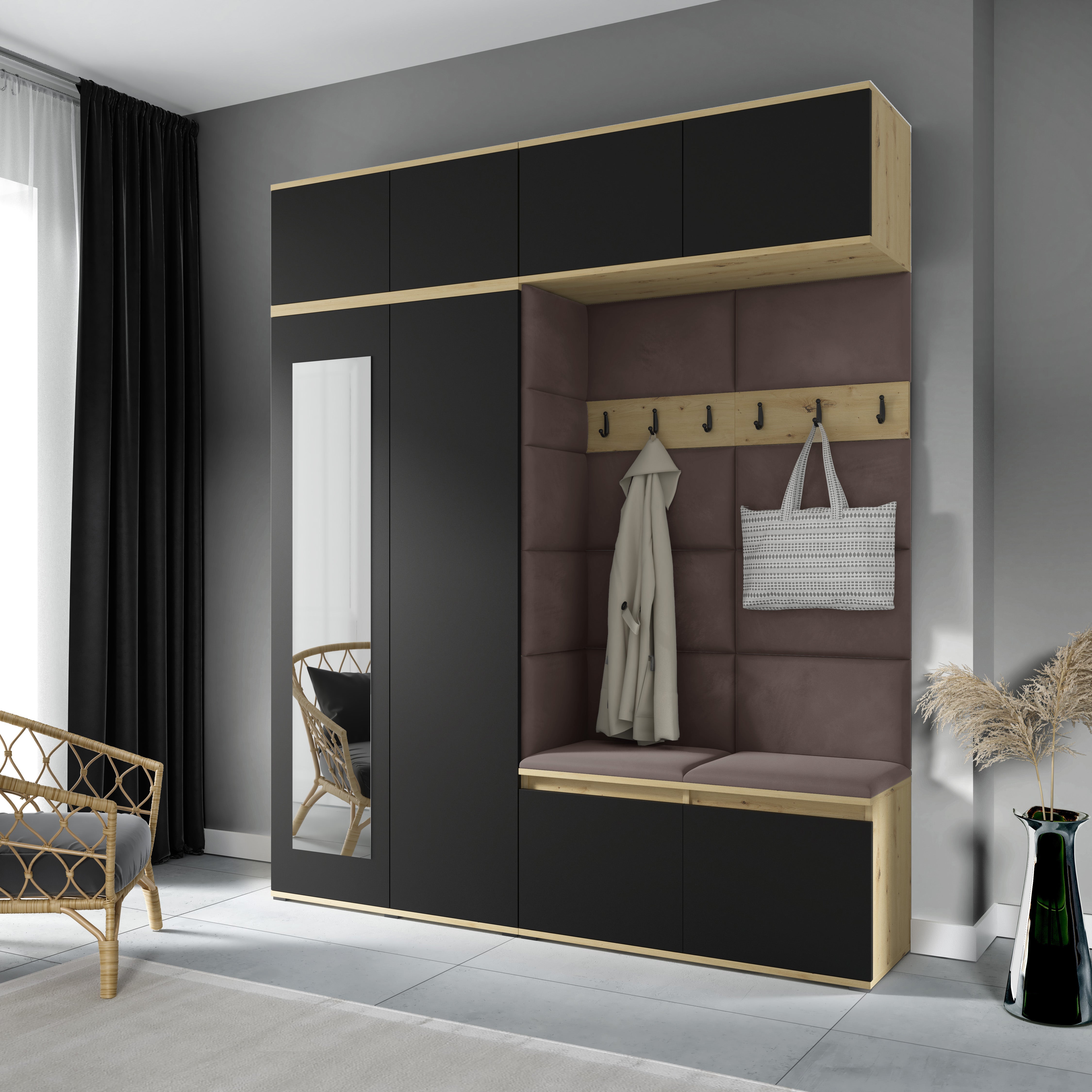 PK Emi 16 Hallway Wardrobe Artisan Oak / Black - Upholstered Panels in Various Colours