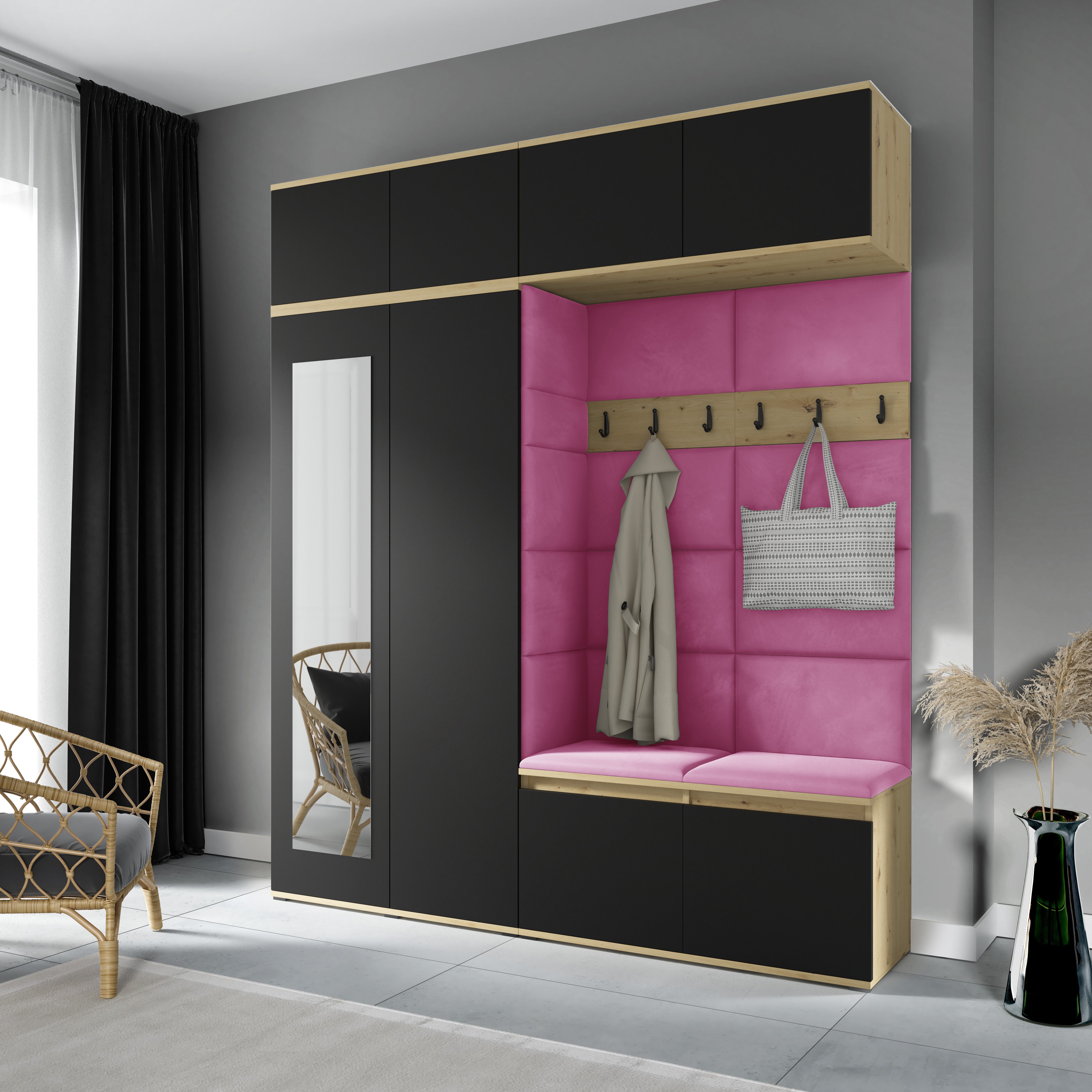 PK Emi 16 Hallway Wardrobe Artisan Oak / Black - Upholstered Panels in Various Colours
