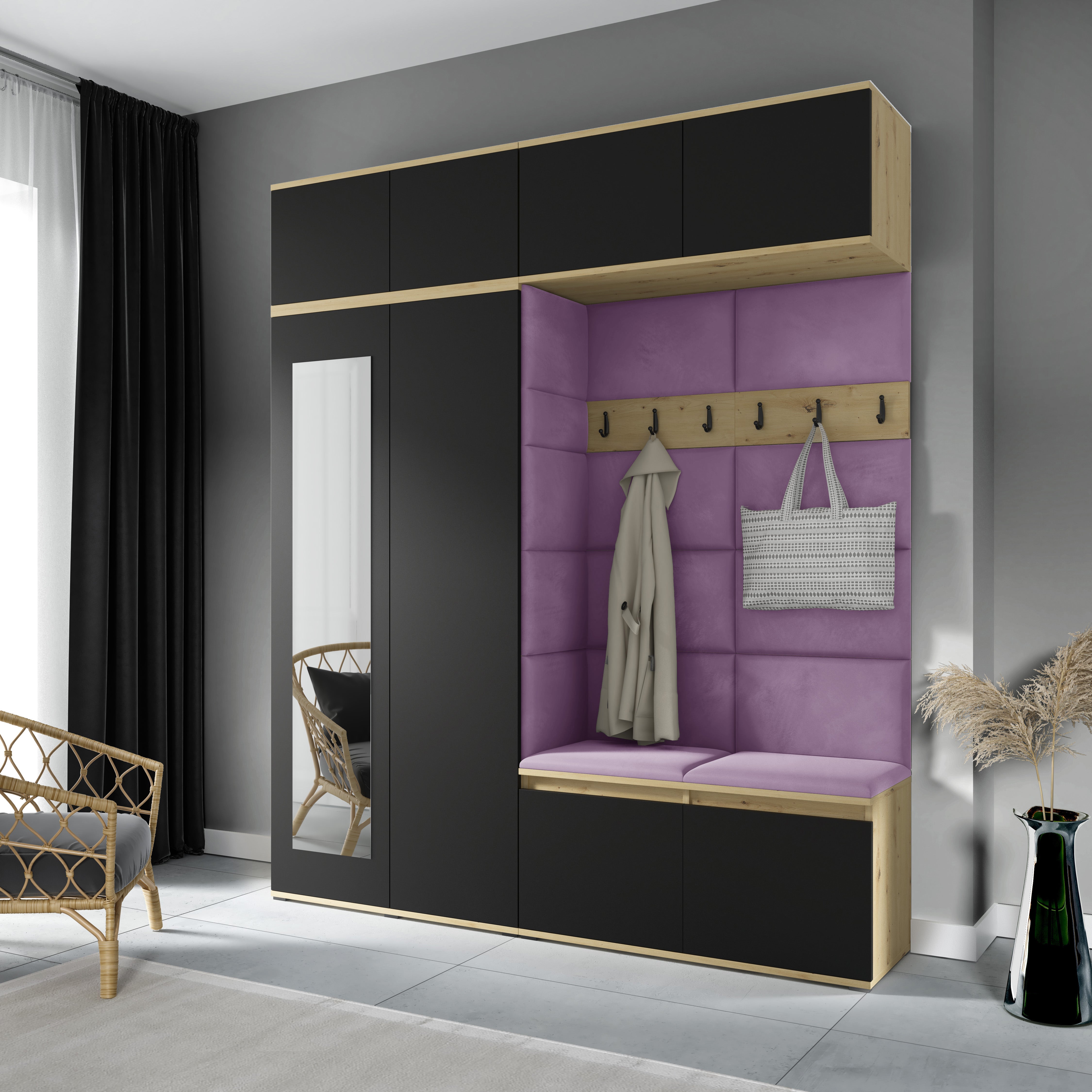 PK Emi 16 Hallway Wardrobe Artisan Oak / Black - Upholstered Panels in Various Colours