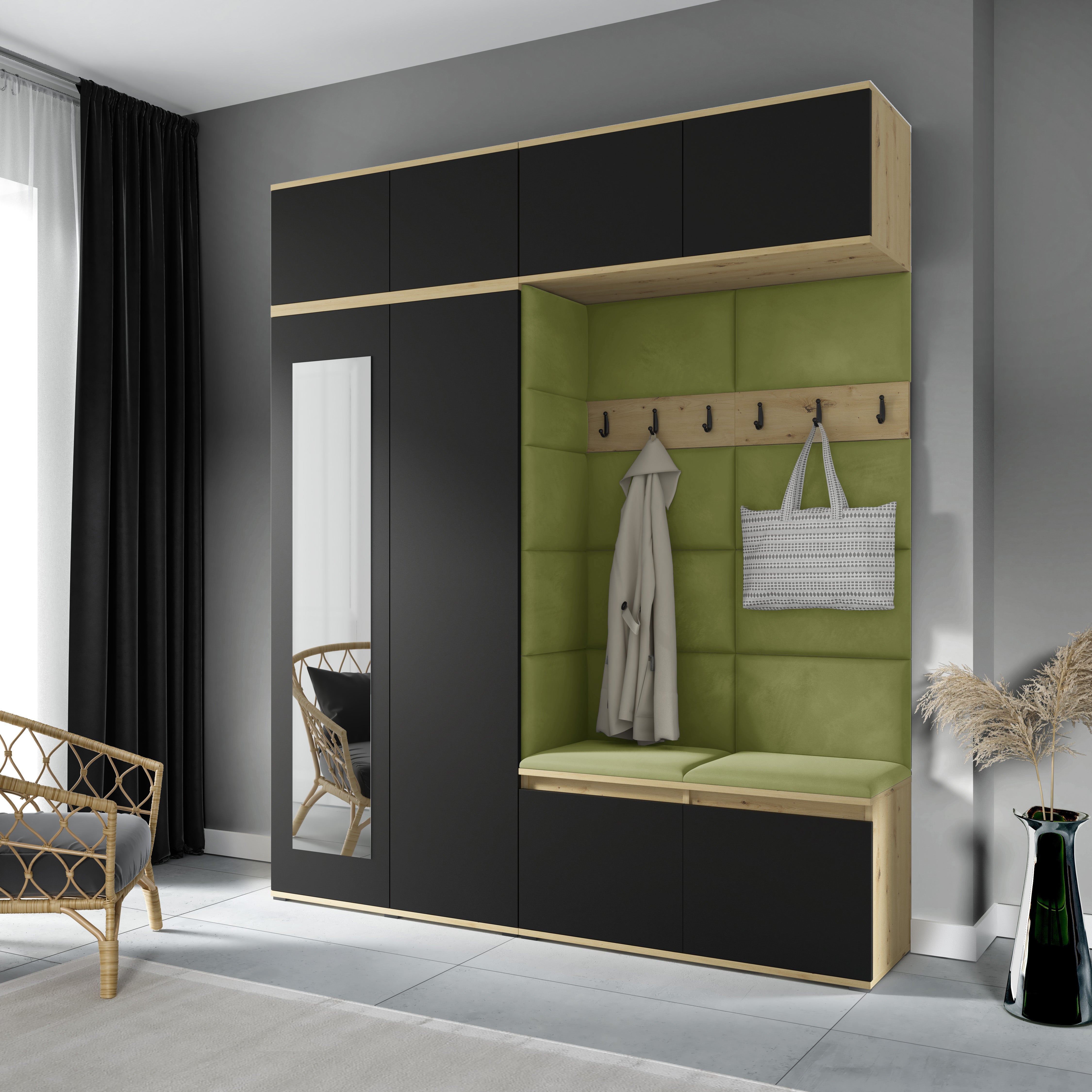 PK Emi 16 Hallway Wardrobe Artisan Oak / Black - Upholstered Panels in Various Colours