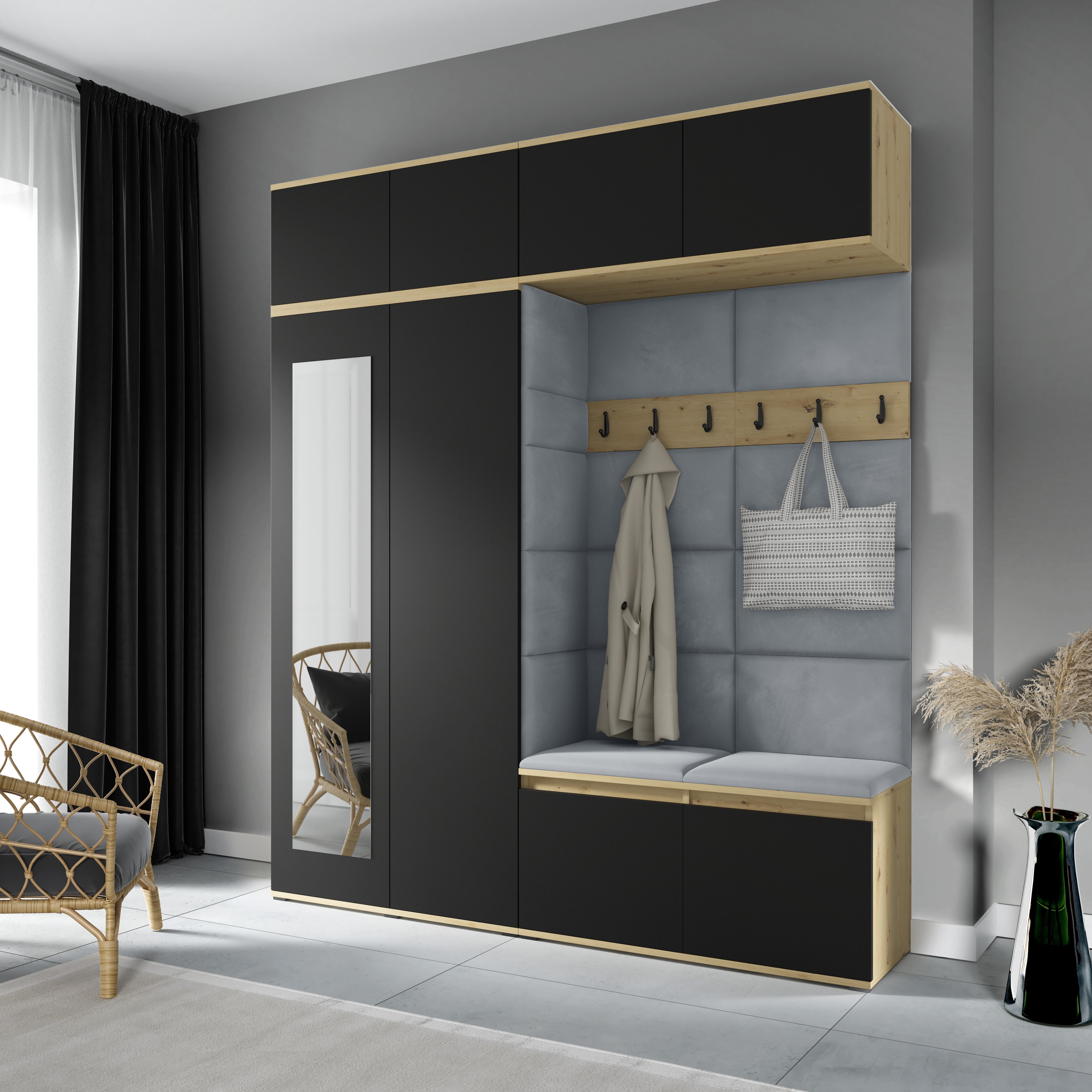 PK Emi 16 Hallway Wardrobe Artisan Oak / Black - Upholstered Panels in Various Colours