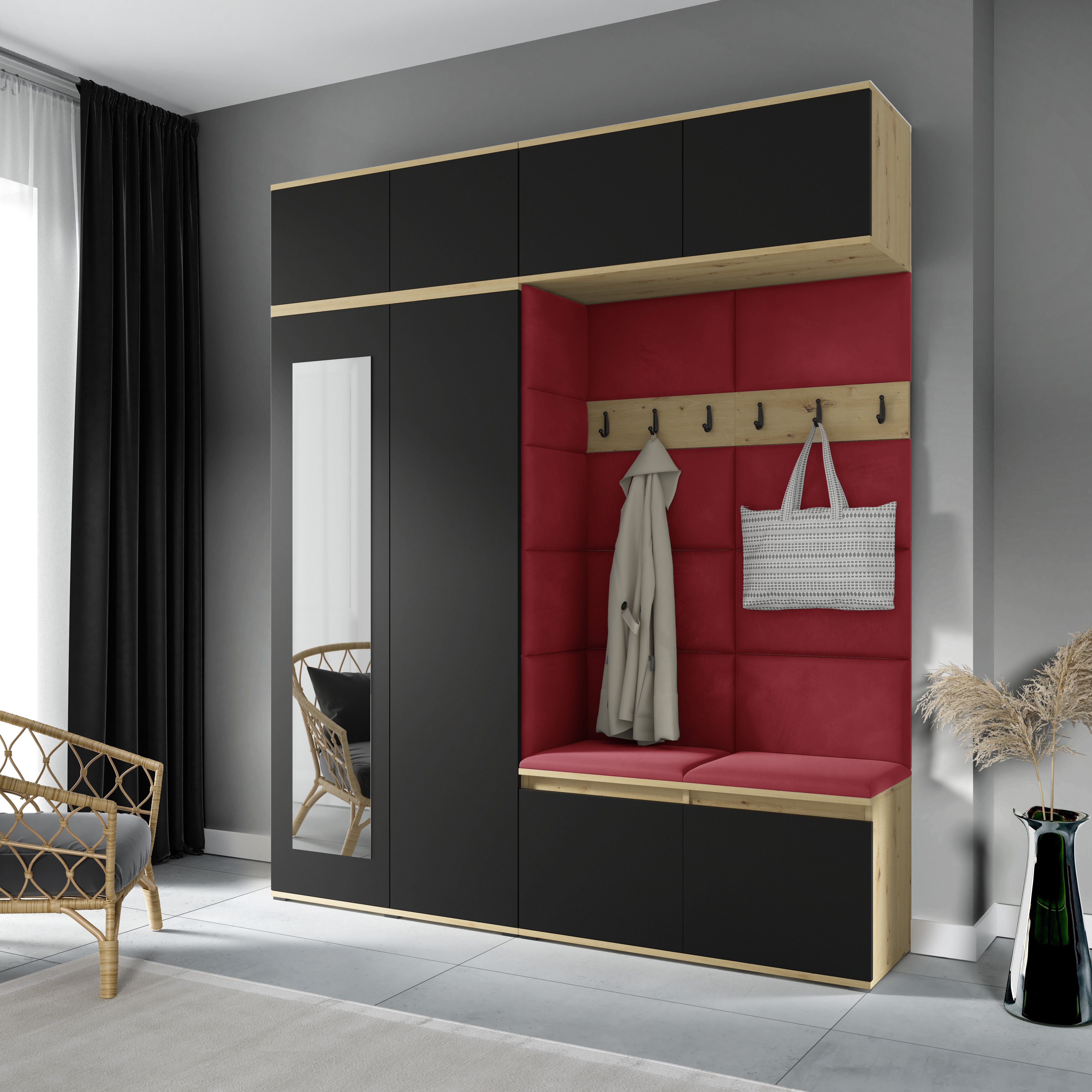 PK Emi 16 Hallway Wardrobe Artisan Oak / Black - Upholstered Panels in Various Colours