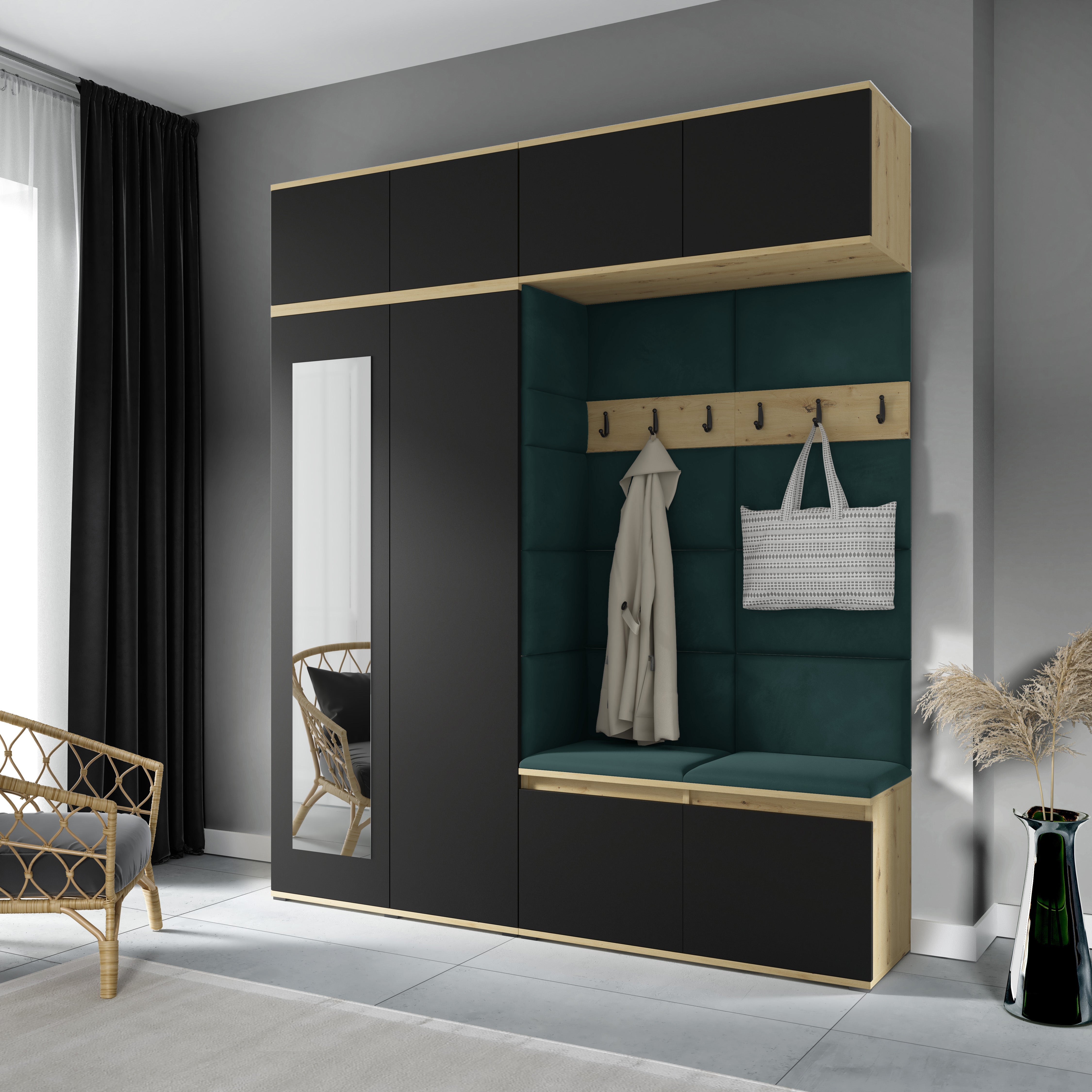 PK Emi 16 Hallway Wardrobe Artisan Oak / Black - Upholstered Panels in Various Colours