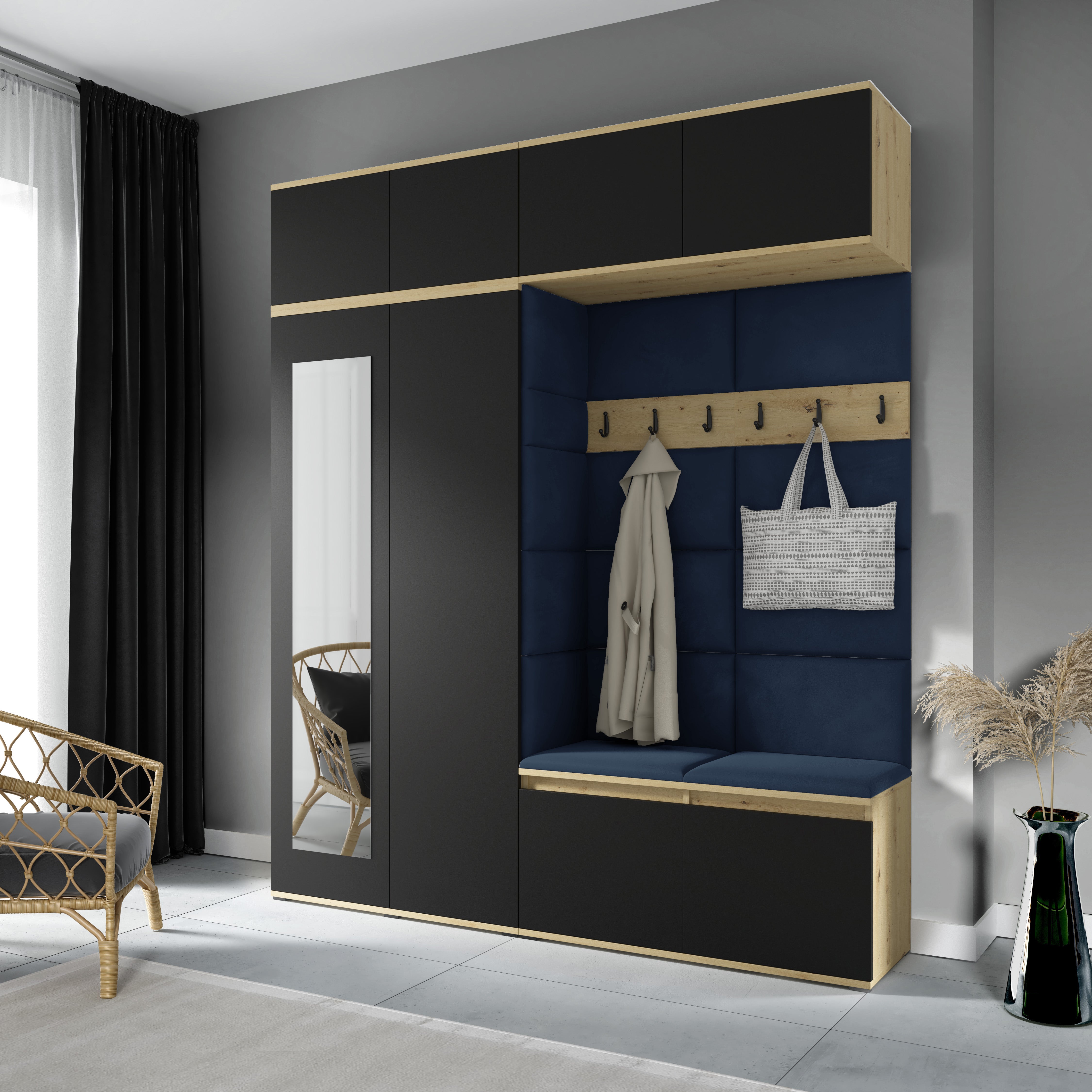 PK Emi 16 Hallway Wardrobe Artisan Oak / Black - Upholstered Panels in Various Colours