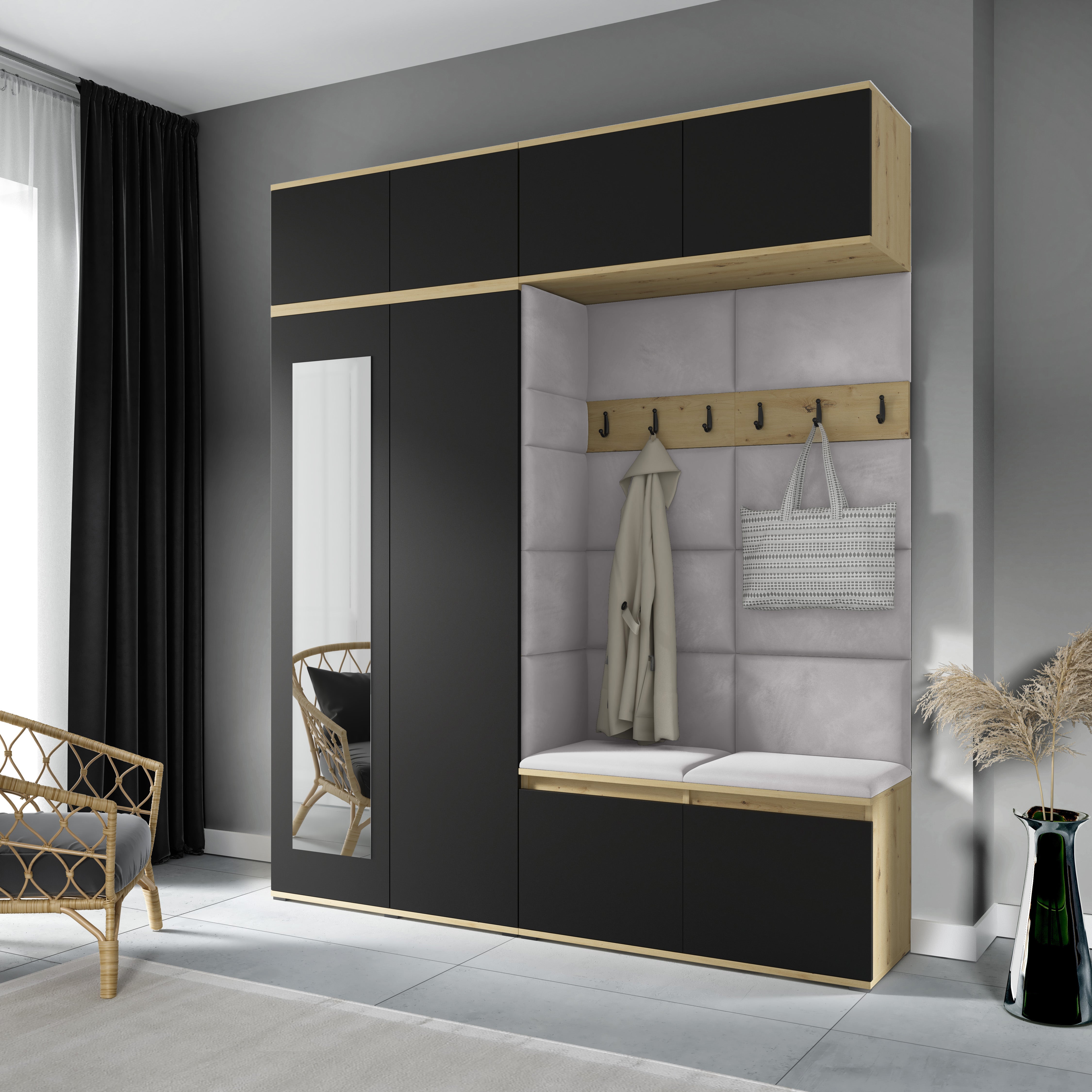 PK Emi 16 Hallway Wardrobe Artisan Oak / Black - Upholstered Panels in Various Colours