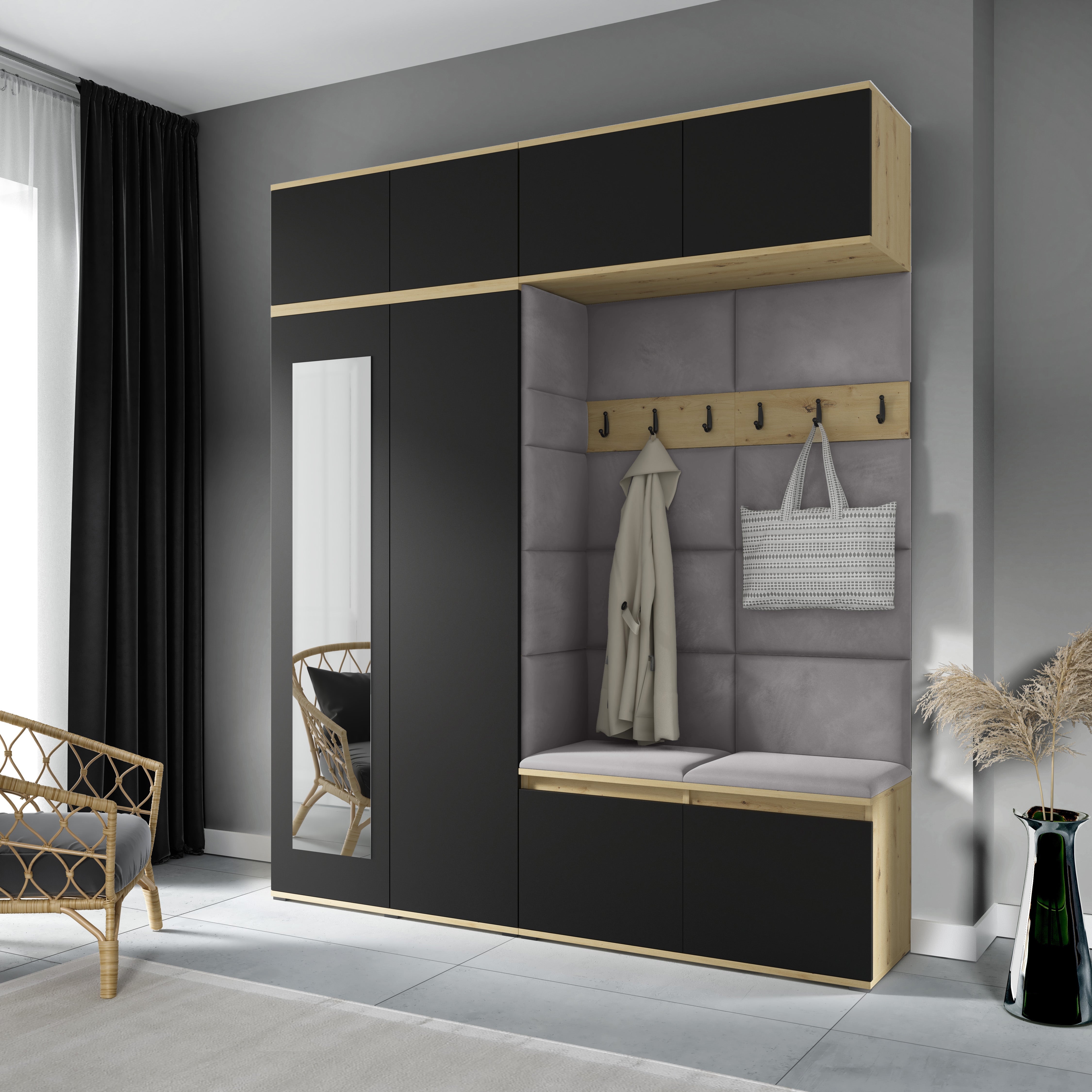 PK Emi 16 Hallway Wardrobe Artisan Oak / Black - Upholstered Panels in Various Colours