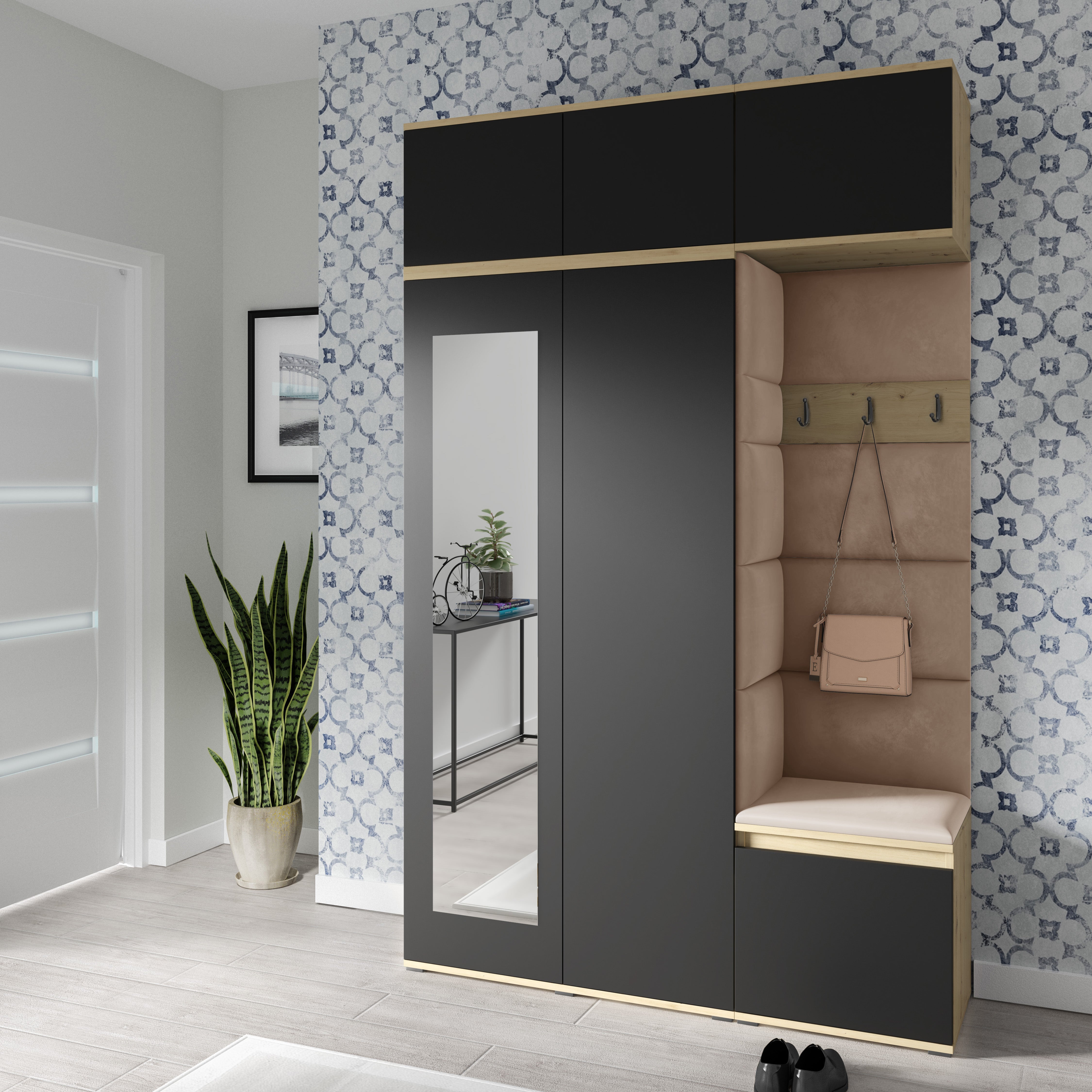 PK Emi 18 Hallway Wardrobe Artisan Oak / Black - Upholstered Panels in Various Colours