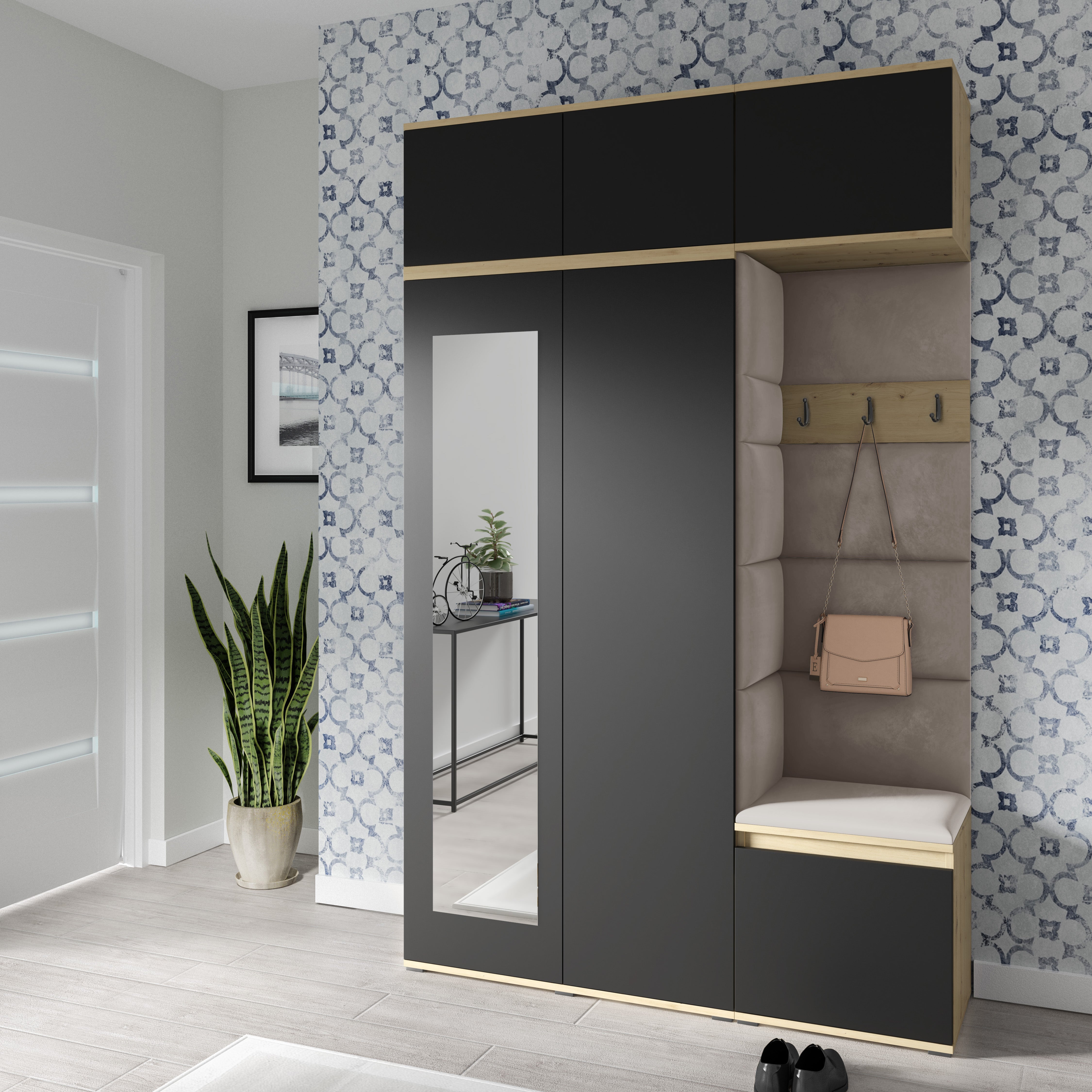 PK Emi 18 Hallway Wardrobe Artisan Oak / Black - Upholstered Panels in Various Colours