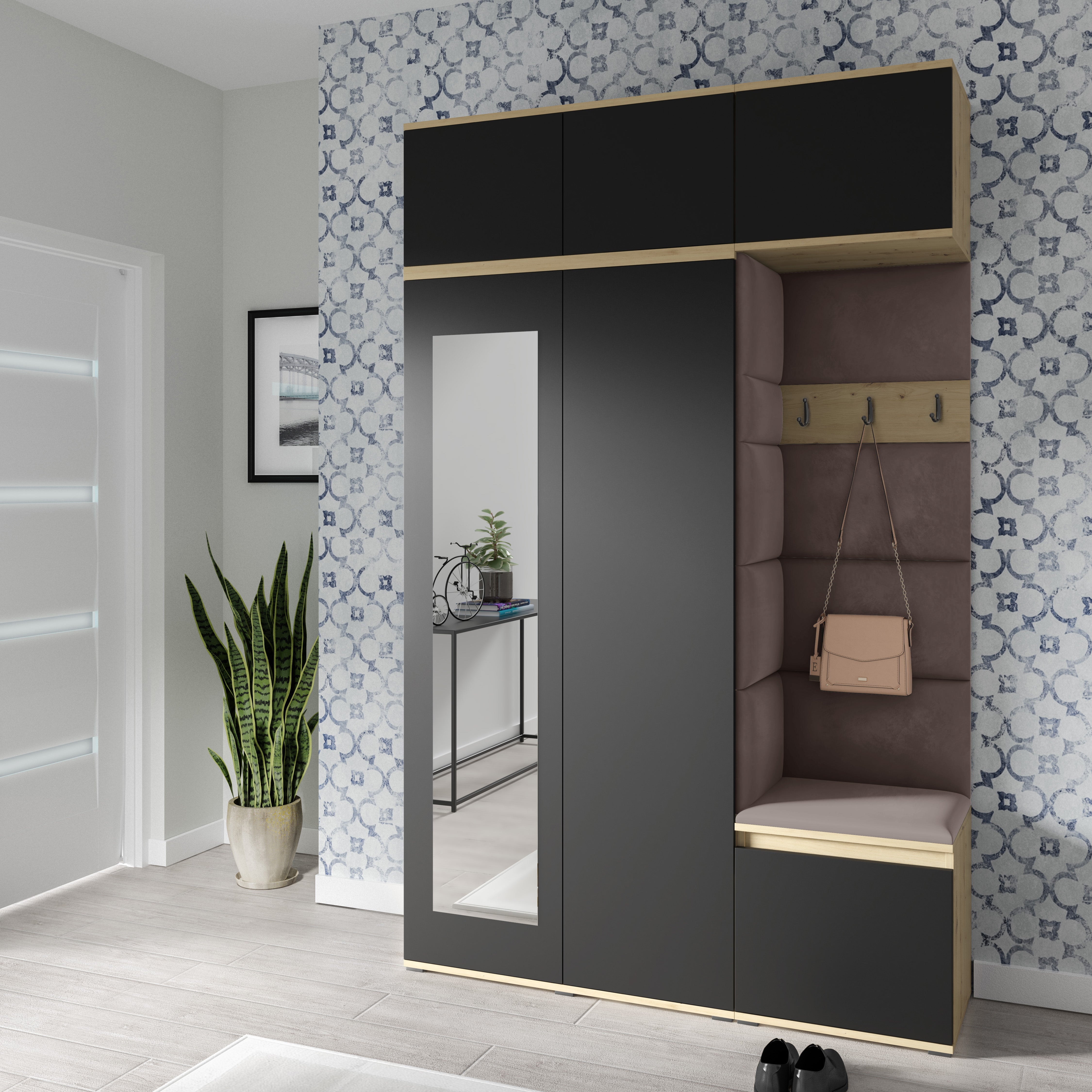 PK Emi 18 Hallway Wardrobe Artisan Oak / Black - Upholstered Panels in Various Colours
