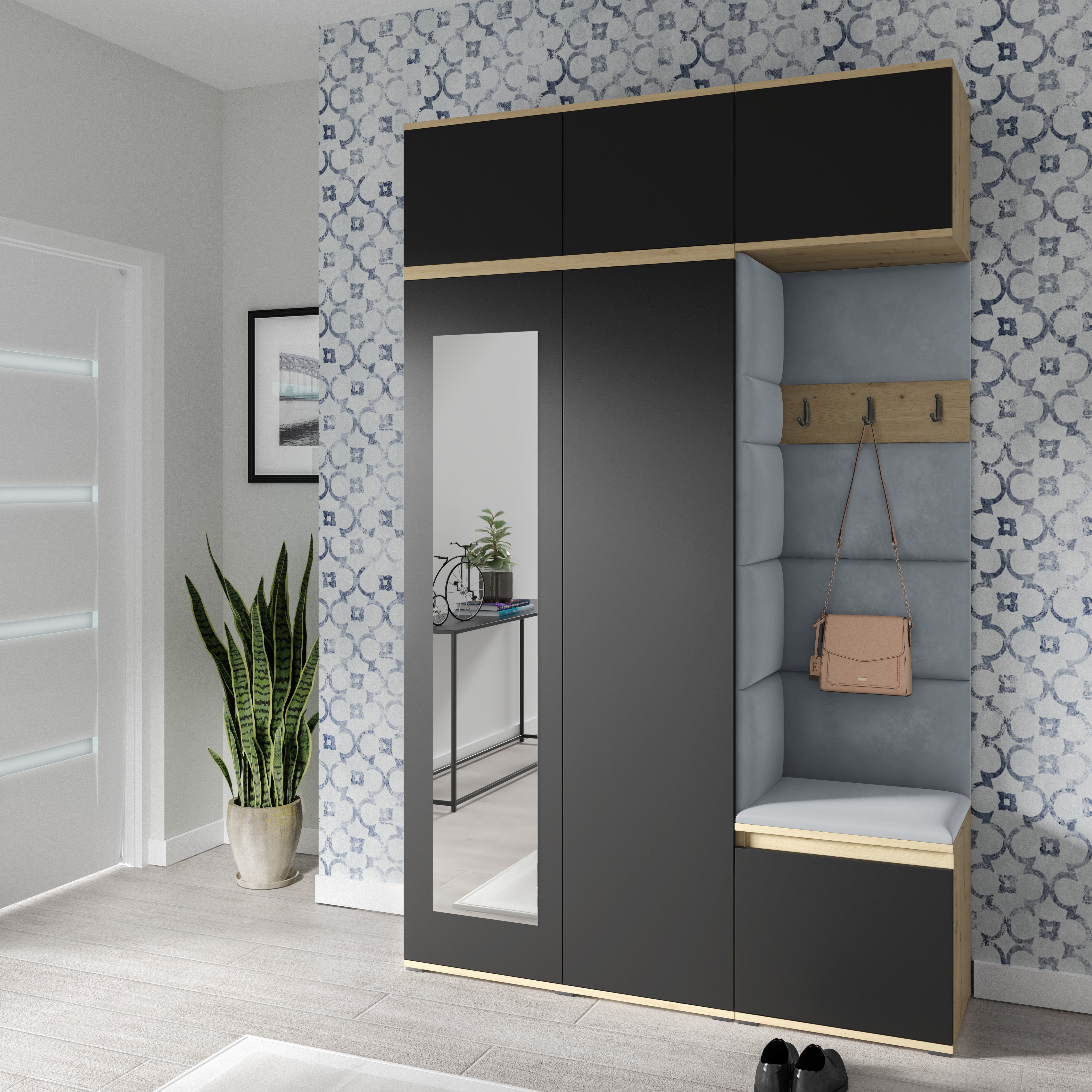 PK Emi 18 Hallway Wardrobe Artisan Oak / Black - Upholstered Panels in Various Colours