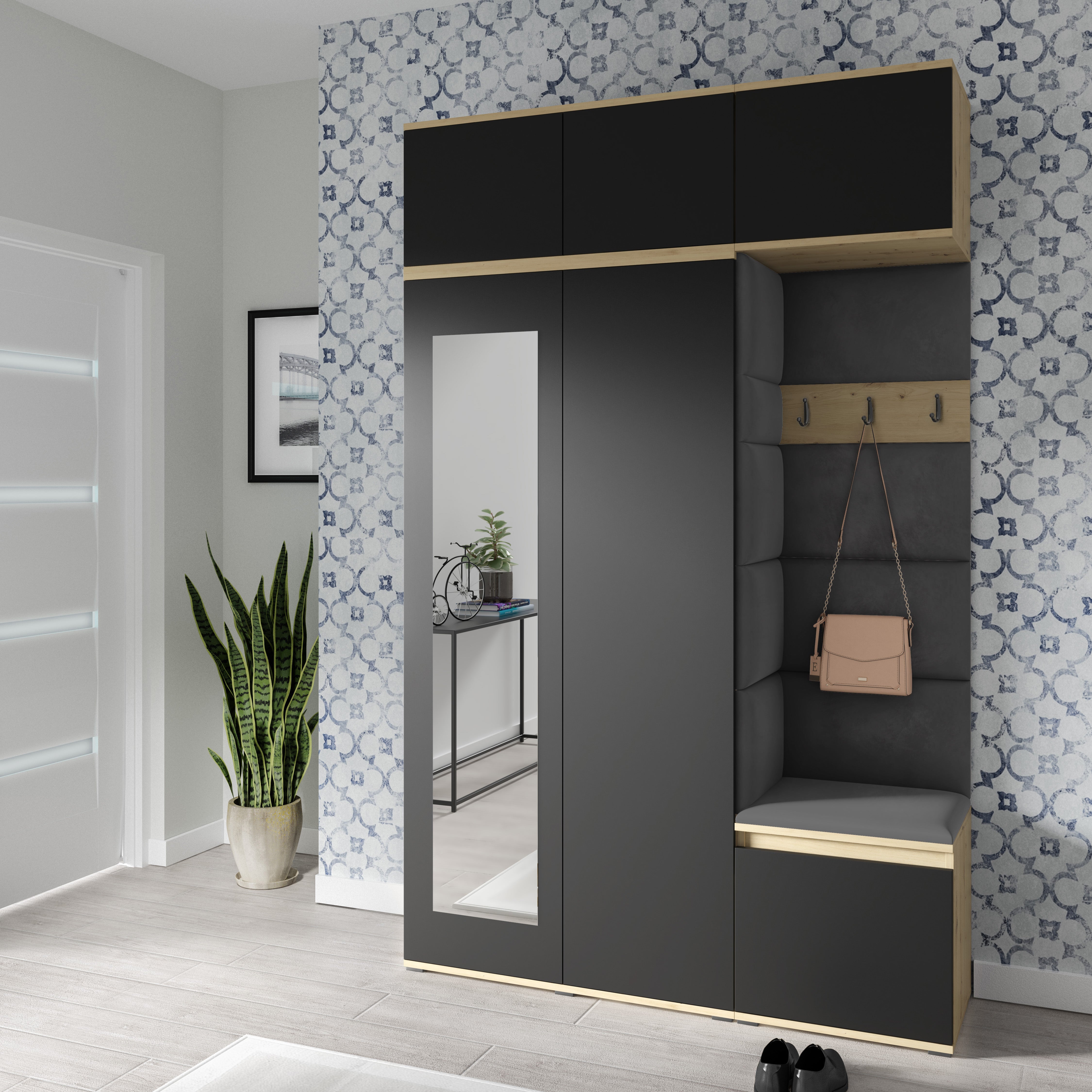 PK Emi 18 Hallway Wardrobe Artisan Oak / Black - Upholstered Panels in Various Colours