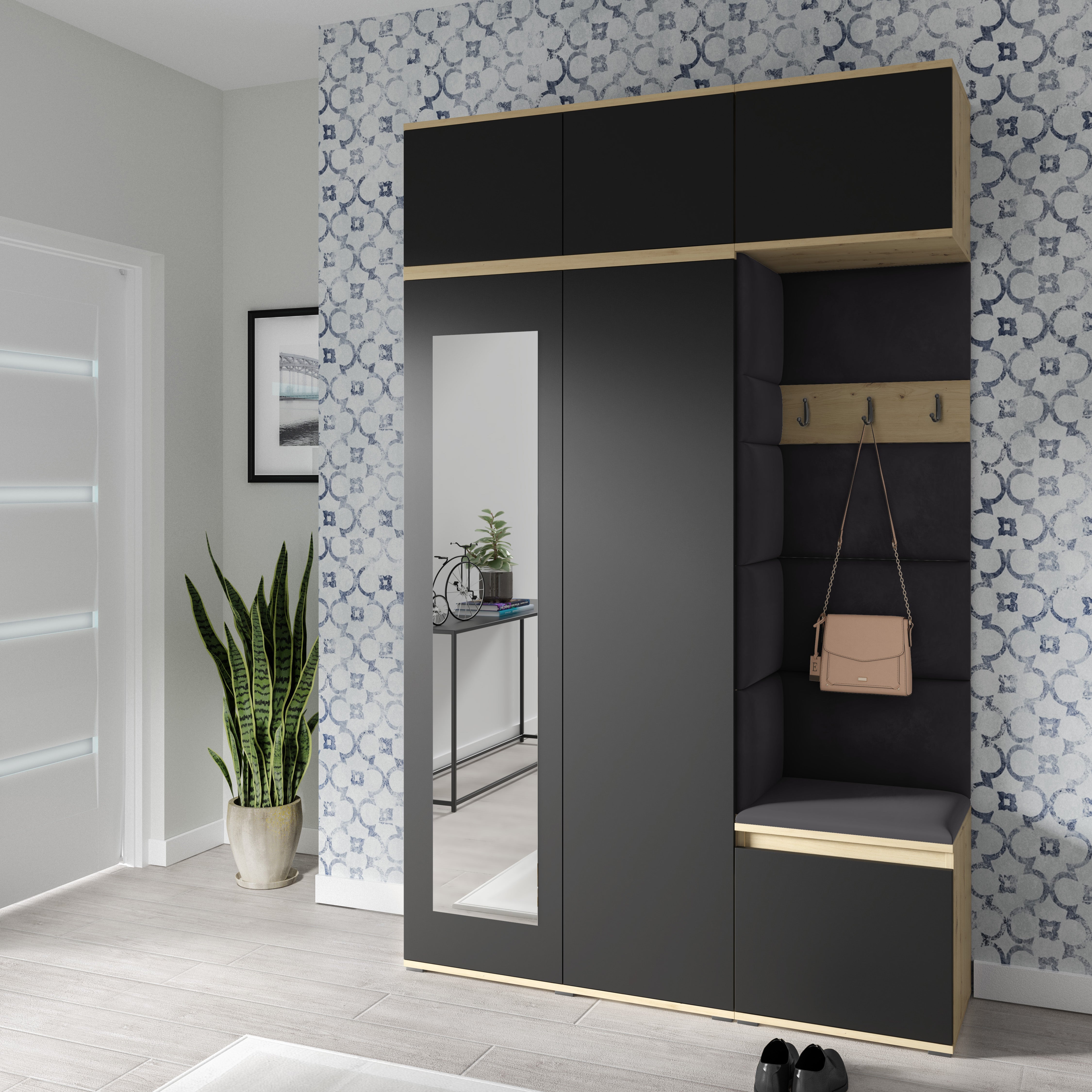 PK Emi 18 Hallway Wardrobe Artisan Oak / Black - Upholstered Panels in Various Colours