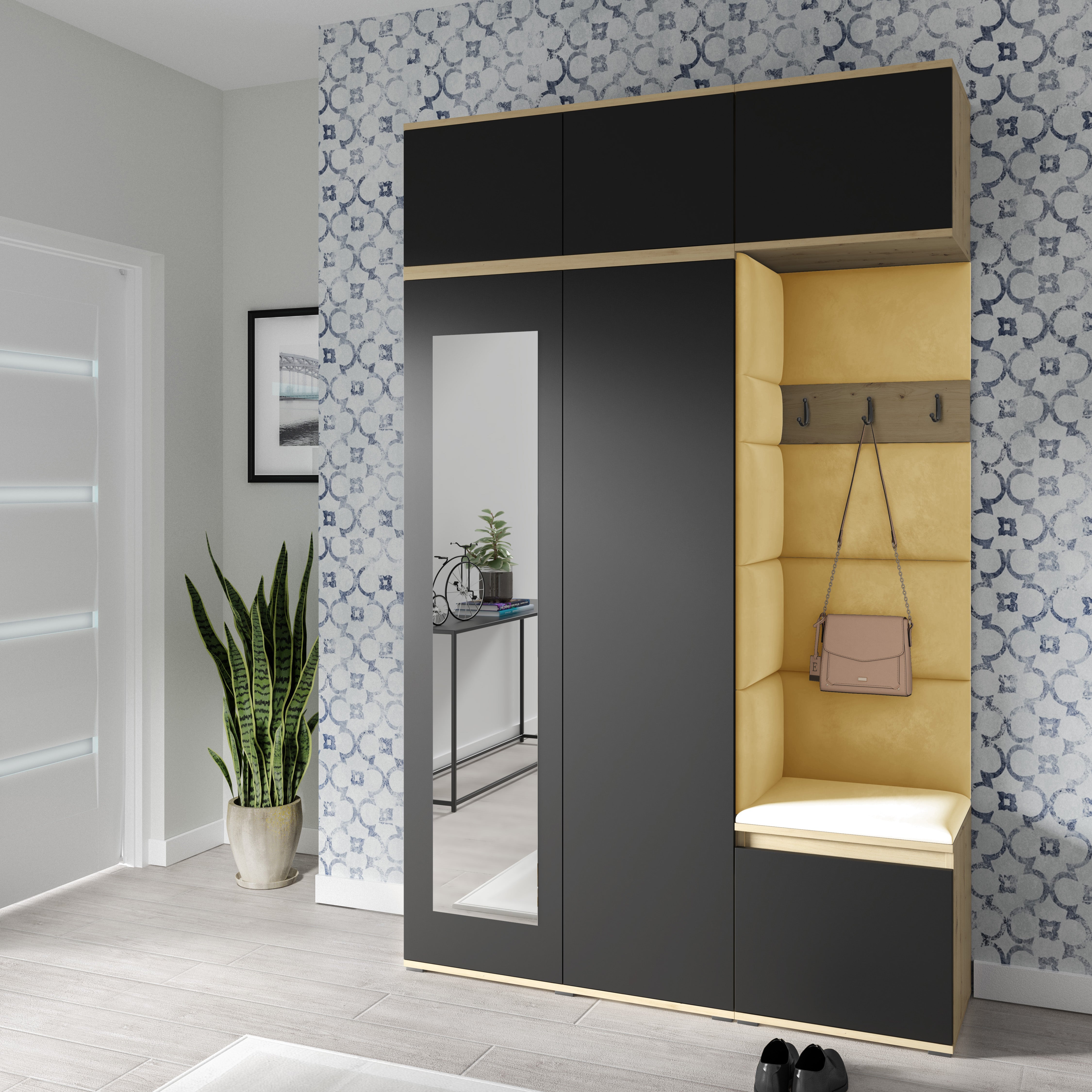 PK Emi 18 Hallway Wardrobe Artisan Oak / Black - Upholstered Panels in Various Colours