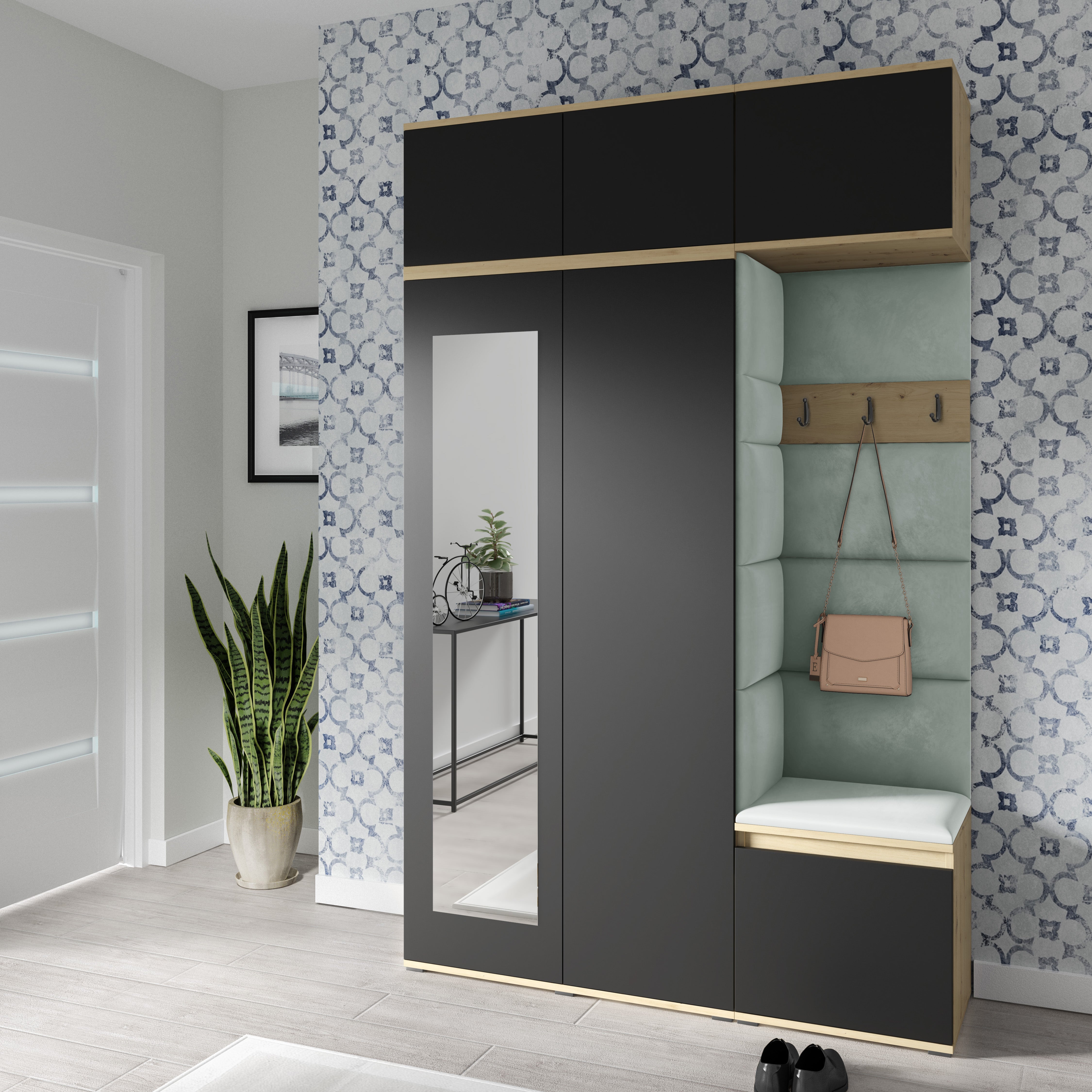 PK Emi 18 Hallway Wardrobe Artisan Oak / Black - Upholstered Panels in Various Colours