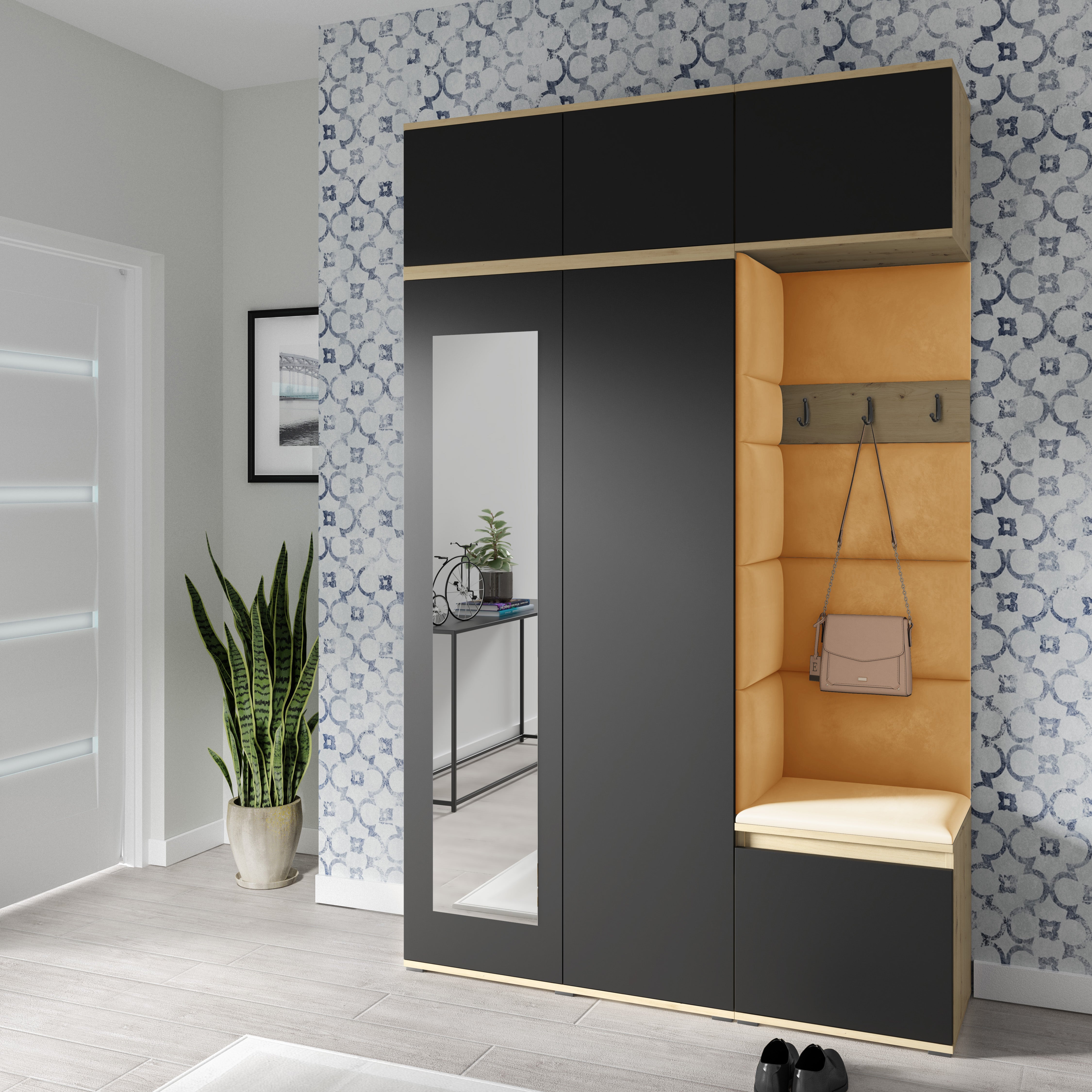 PK Emi 18 Hallway Wardrobe Artisan Oak / Black - Upholstered Panels in Various Colours