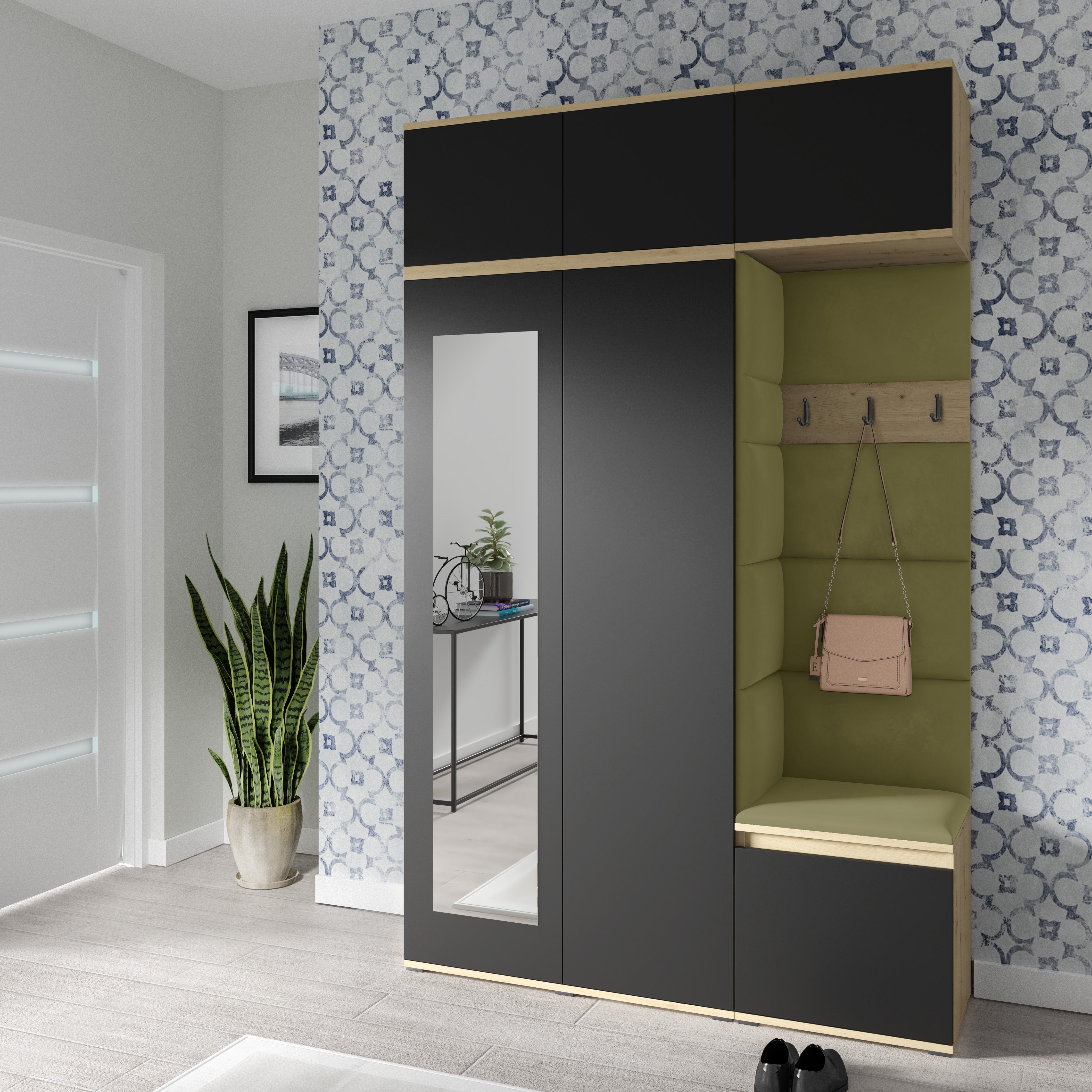 PK Emi 18 Hallway Wardrobe Artisan Oak / Black - Upholstered Panels in Various Colours