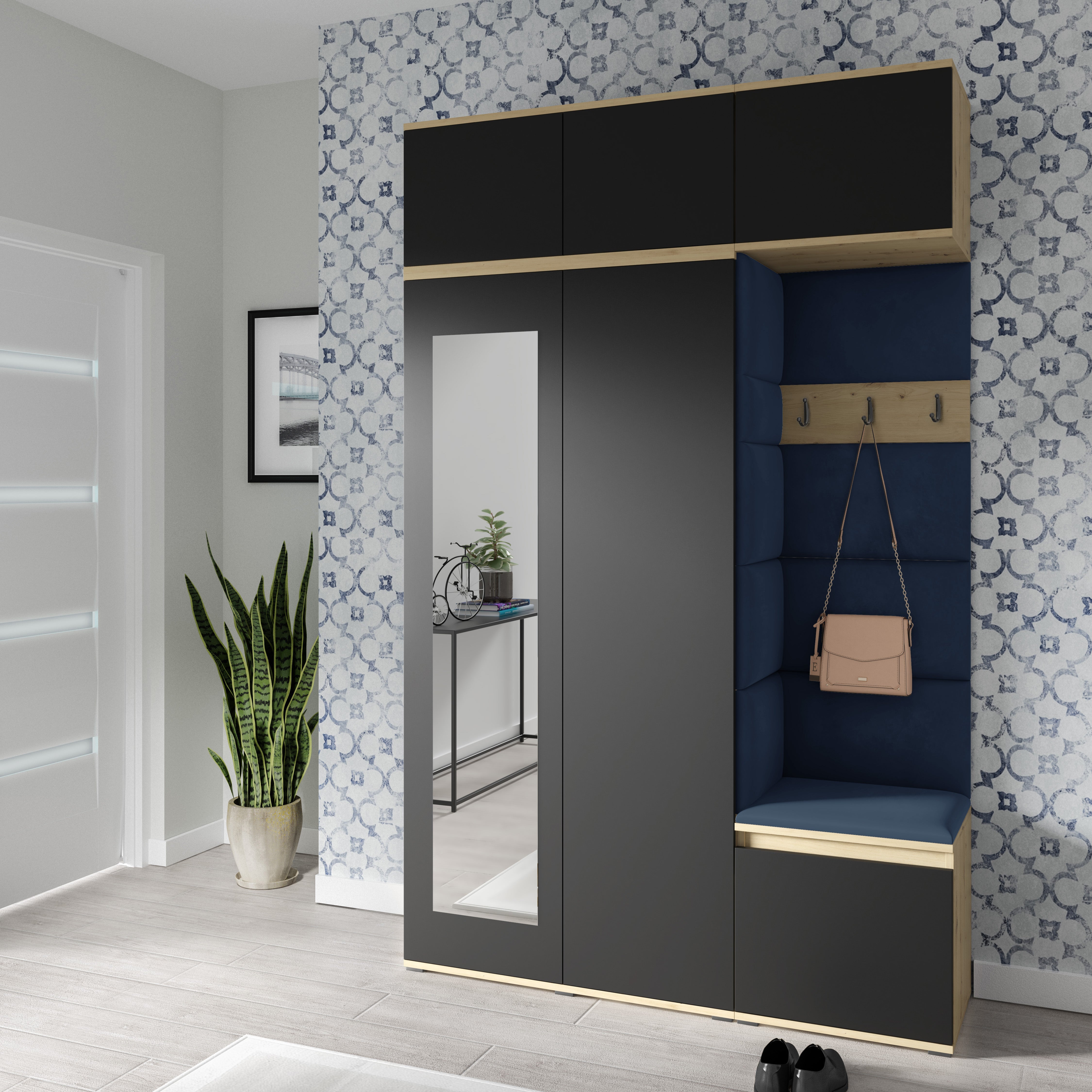 PK Emi 18 Hallway Wardrobe Artisan Oak / Black - Upholstered Panels in Various Colours