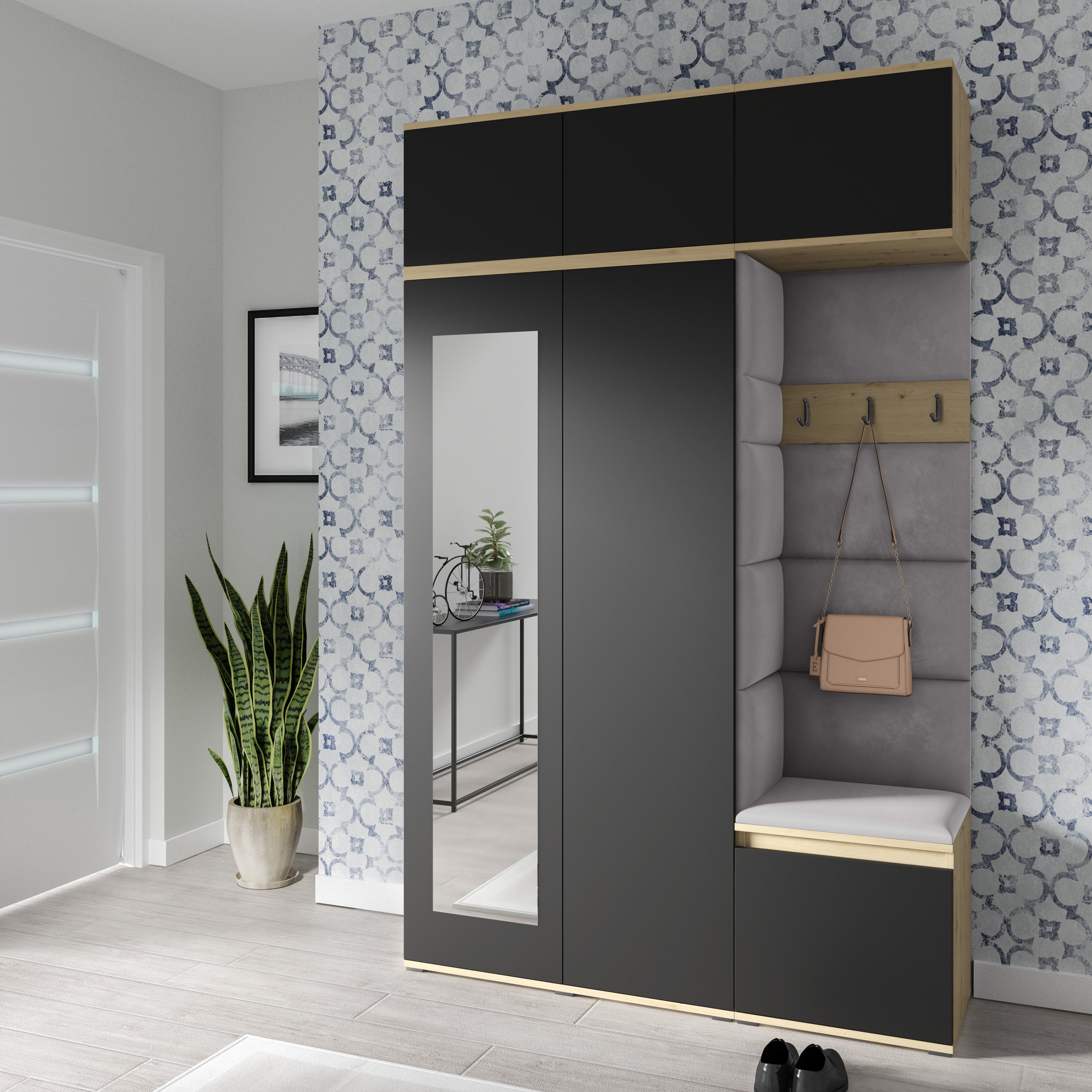 PK Emi 18 Hallway Wardrobe Artisan Oak / Black - Upholstered Panels in Various Colours