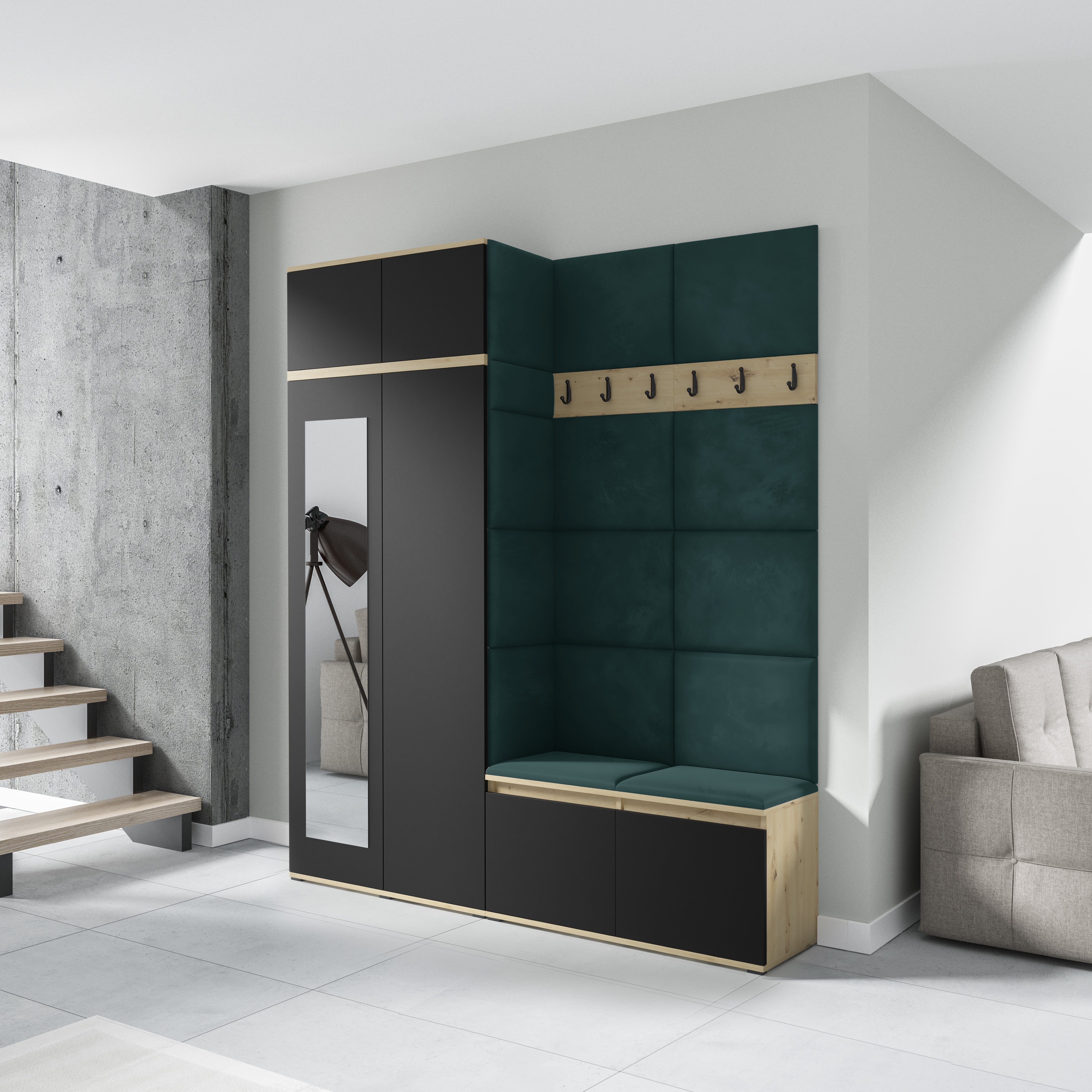 PK Emi 19 Hallway Wardrobe Artisan Oak / Black - Upholstered Panels in Various Colours