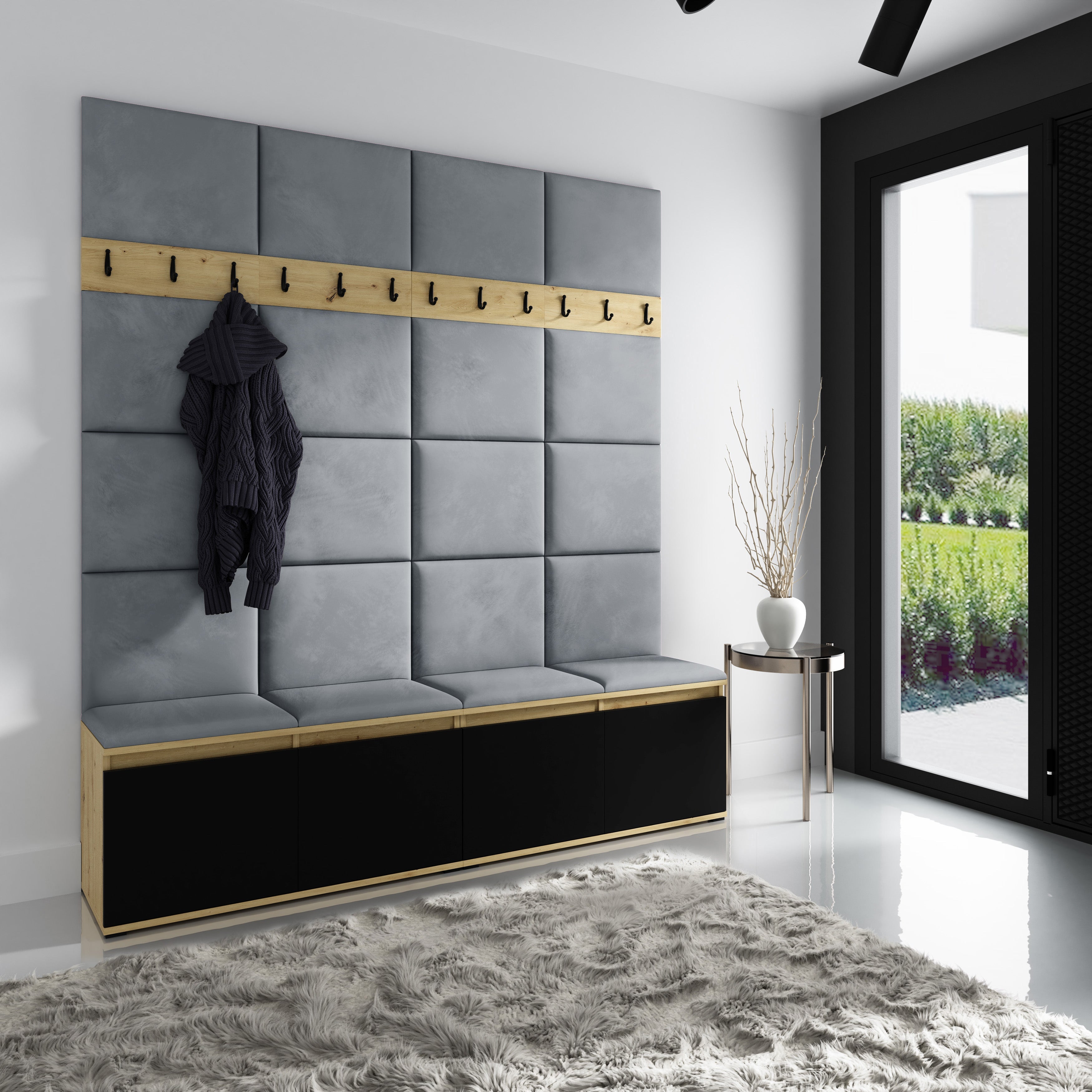 PK Emi 4 Hallway Wardrobe Artisan Oak / Black - Upholstered Panels in Various Colours