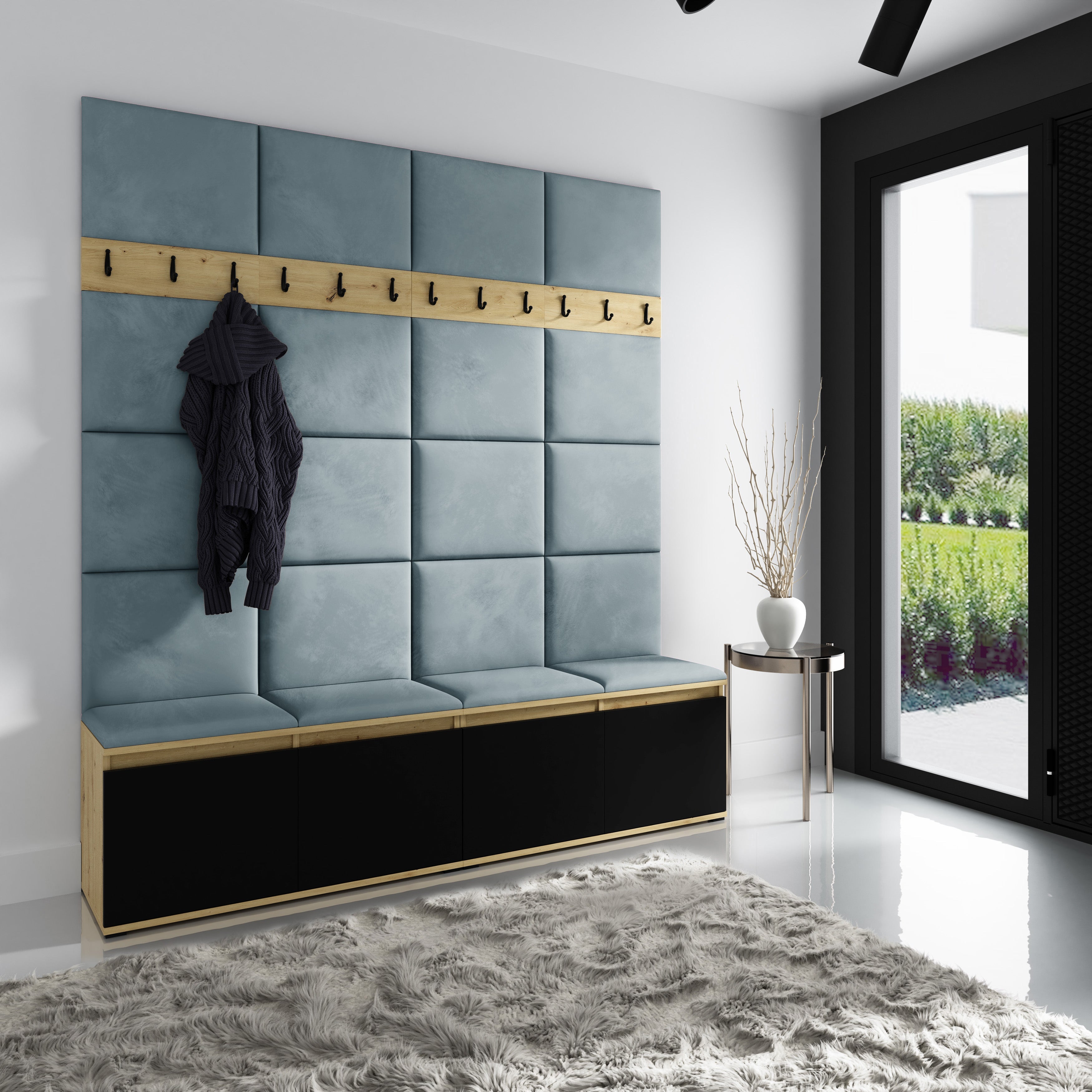 PK Emi 4 Hallway Wardrobe Artisan Oak / Black - Upholstered Panels in Various Colours