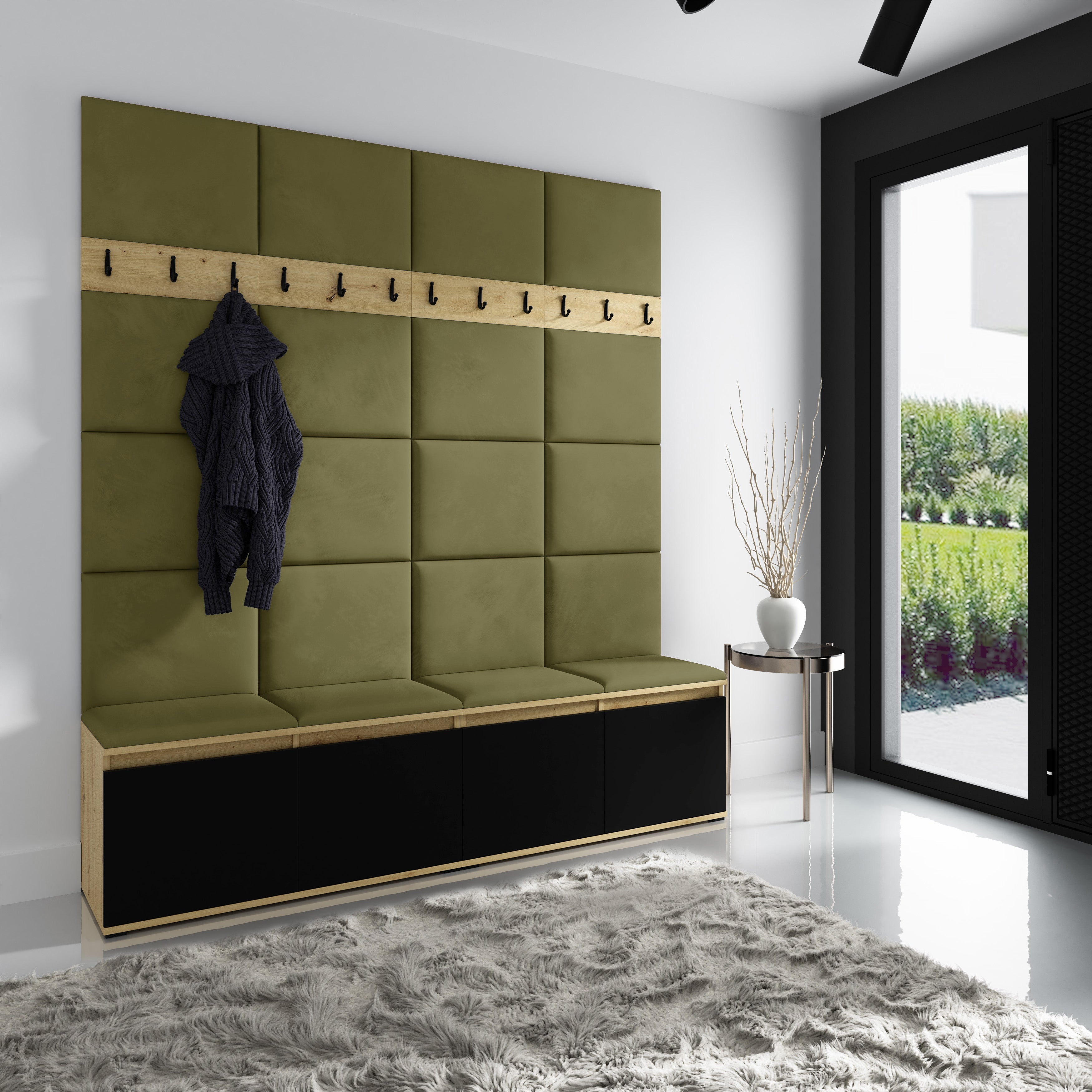 PK Emi 4 Hallway Wardrobe Artisan Oak / Black - Upholstered Panels in Various Colours