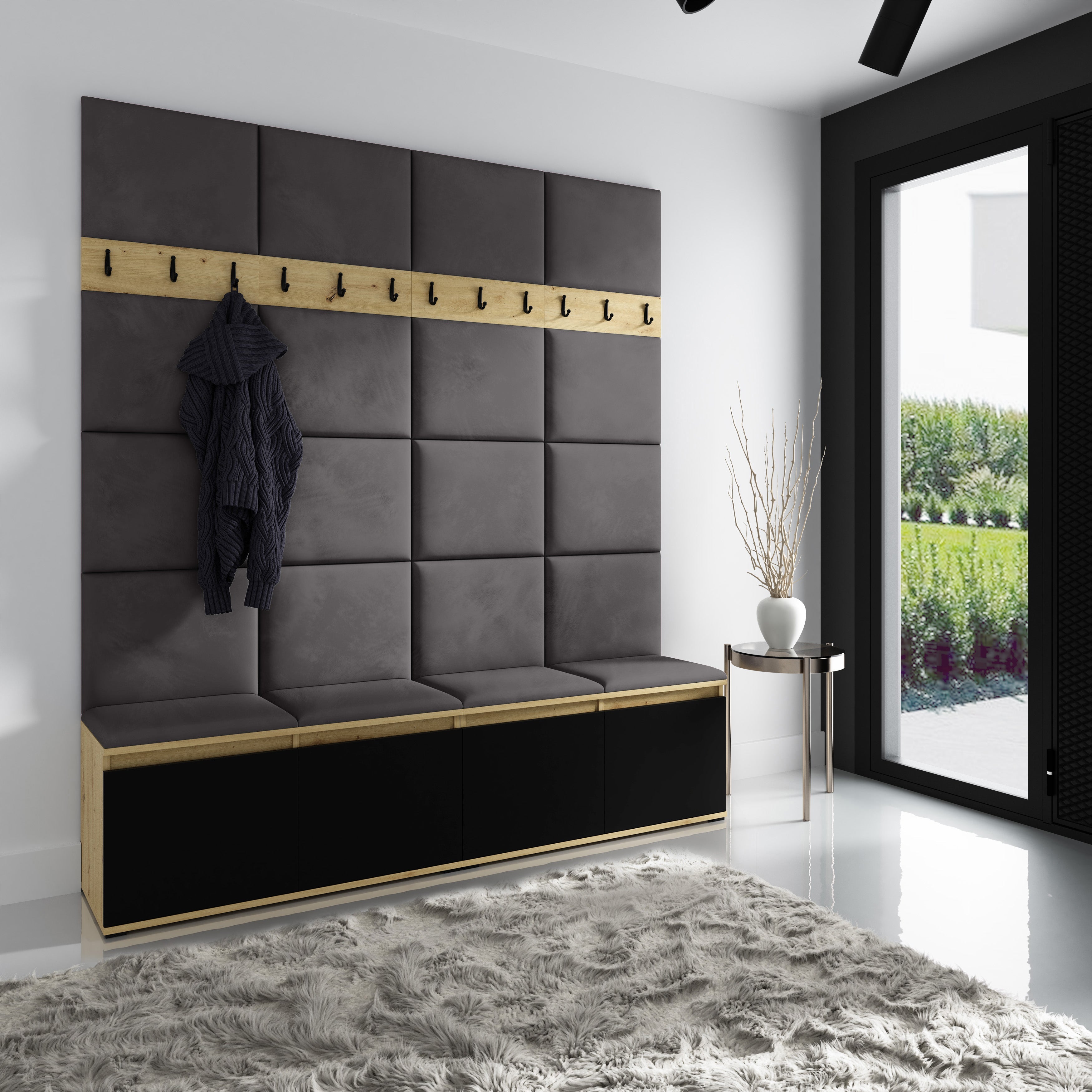 PK Emi 4 Hallway Wardrobe Artisan Oak / Black - Upholstered Panels in Various Colours