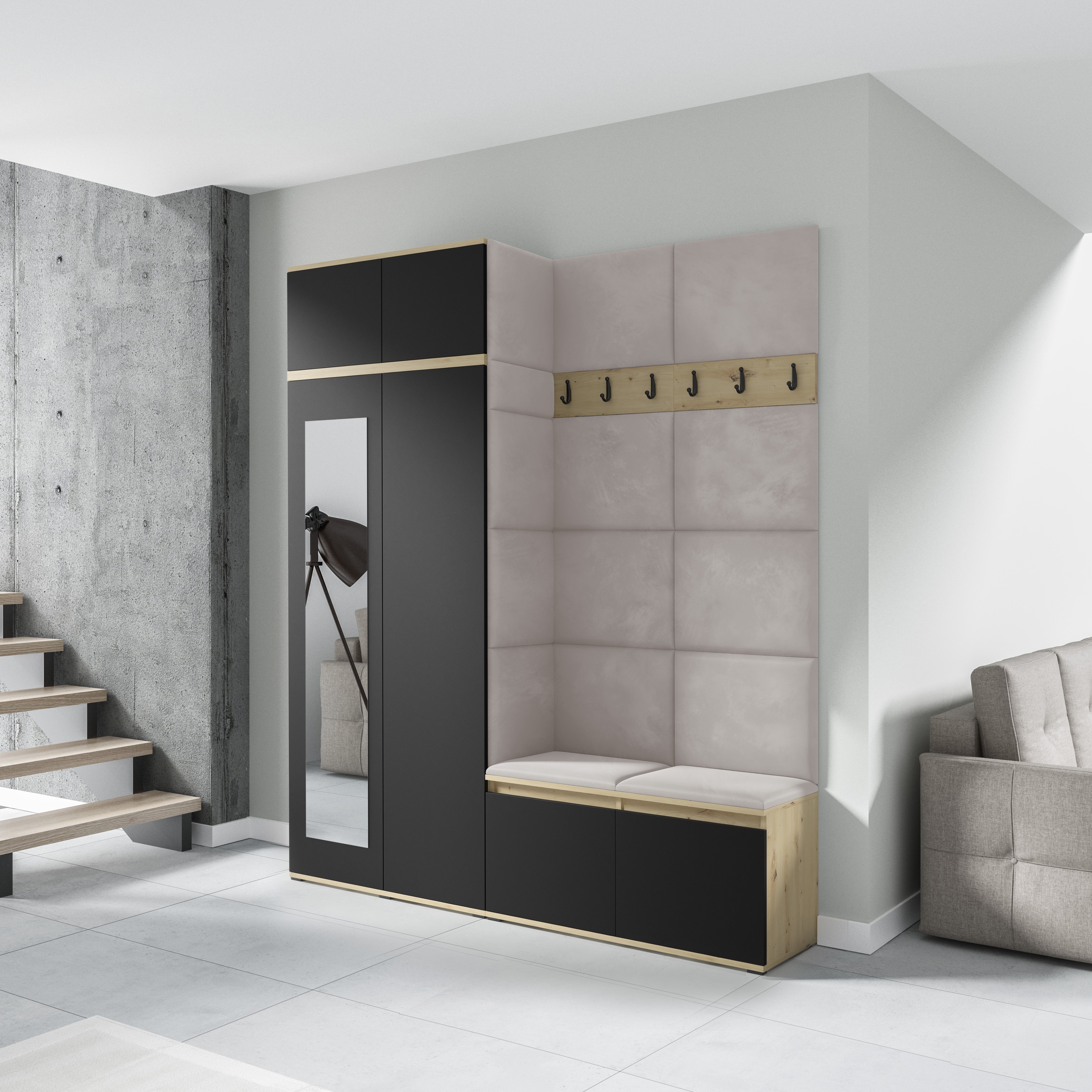 PK Emi 19 Hallway Wardrobe Artisan Oak / Black - Upholstered Panels in Various Colours