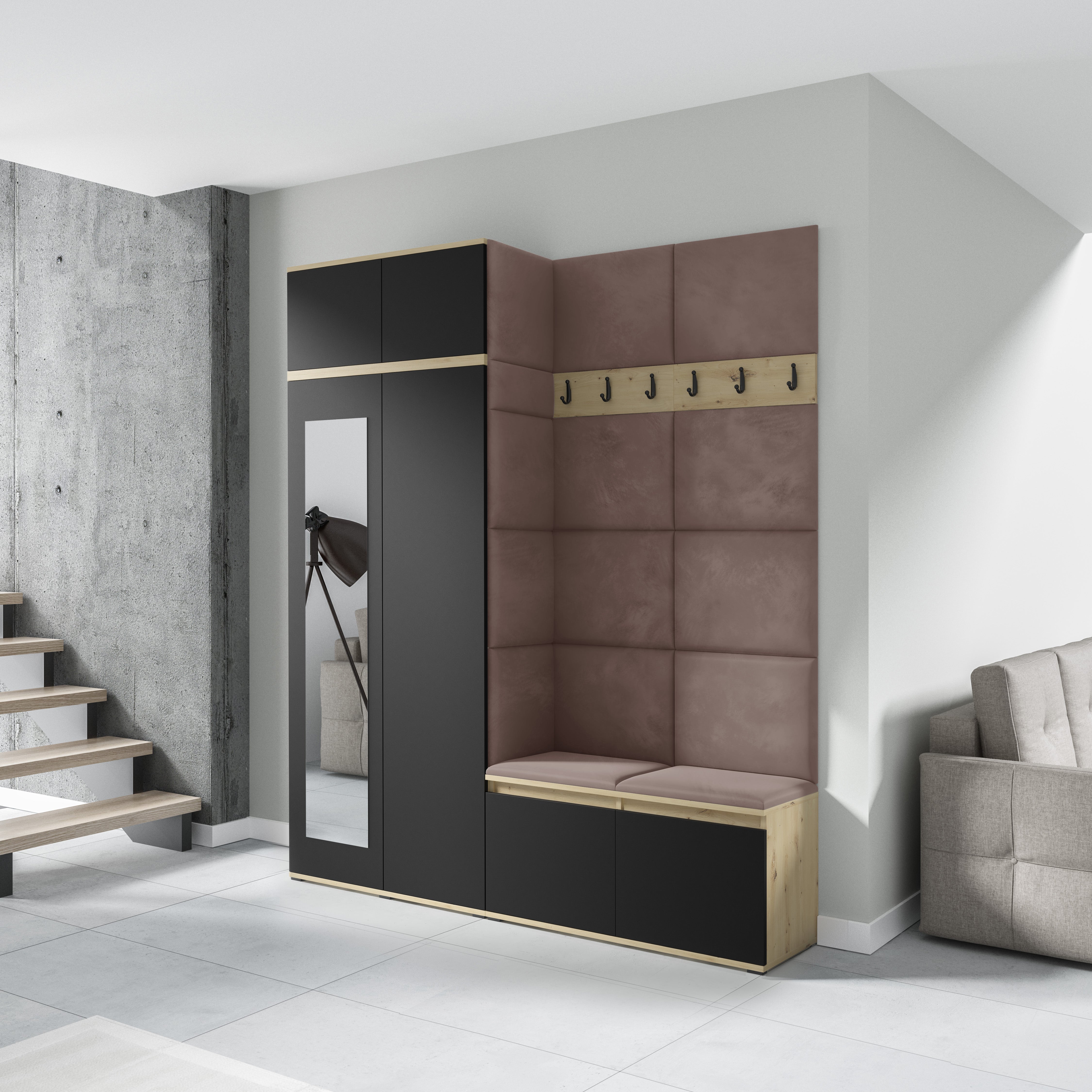 PK Emi 19 Hallway Wardrobe Artisan Oak / Black - Upholstered Panels in Various Colours