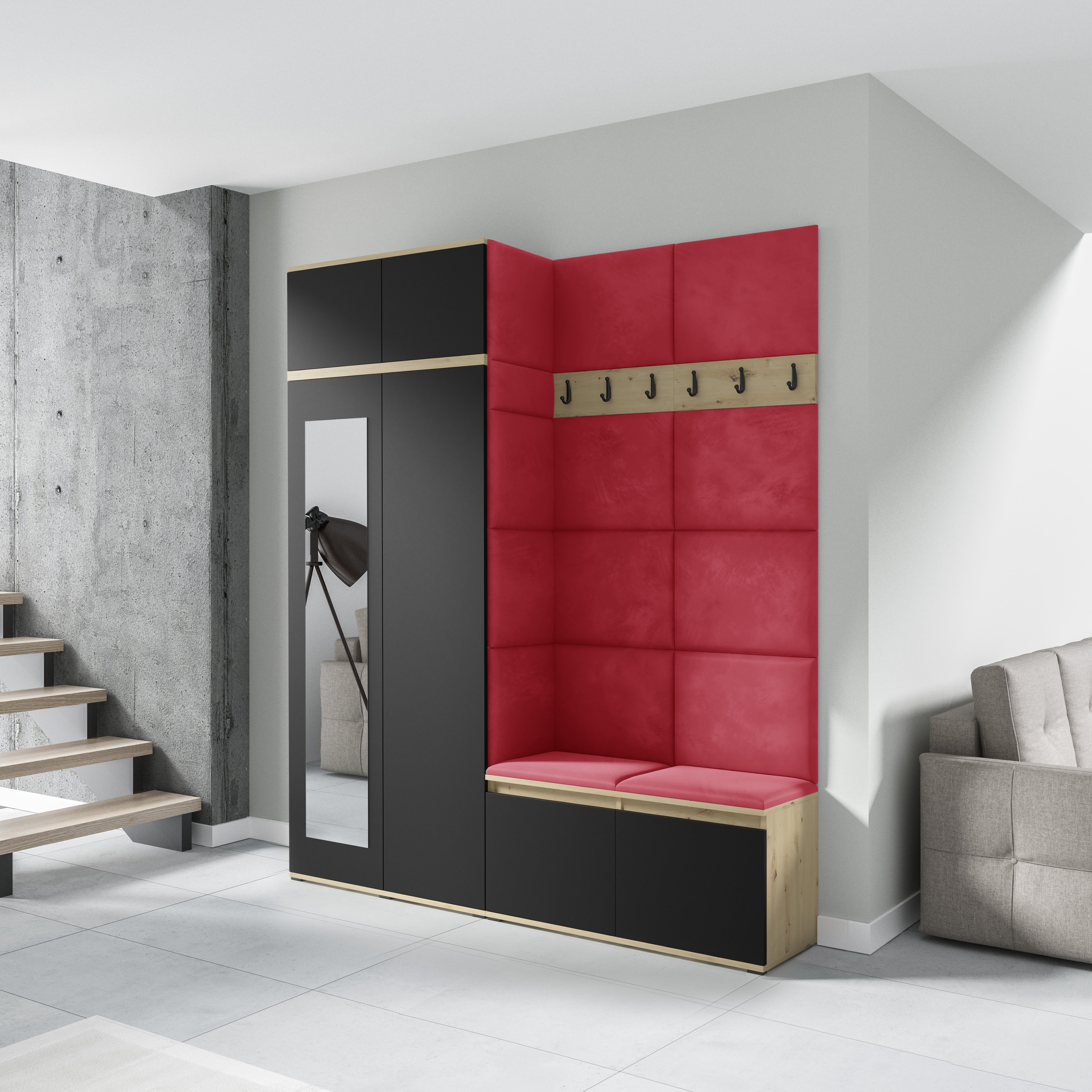 PK Emi 19 Hallway Wardrobe Artisan Oak / Black - Upholstered Panels in Various Colours