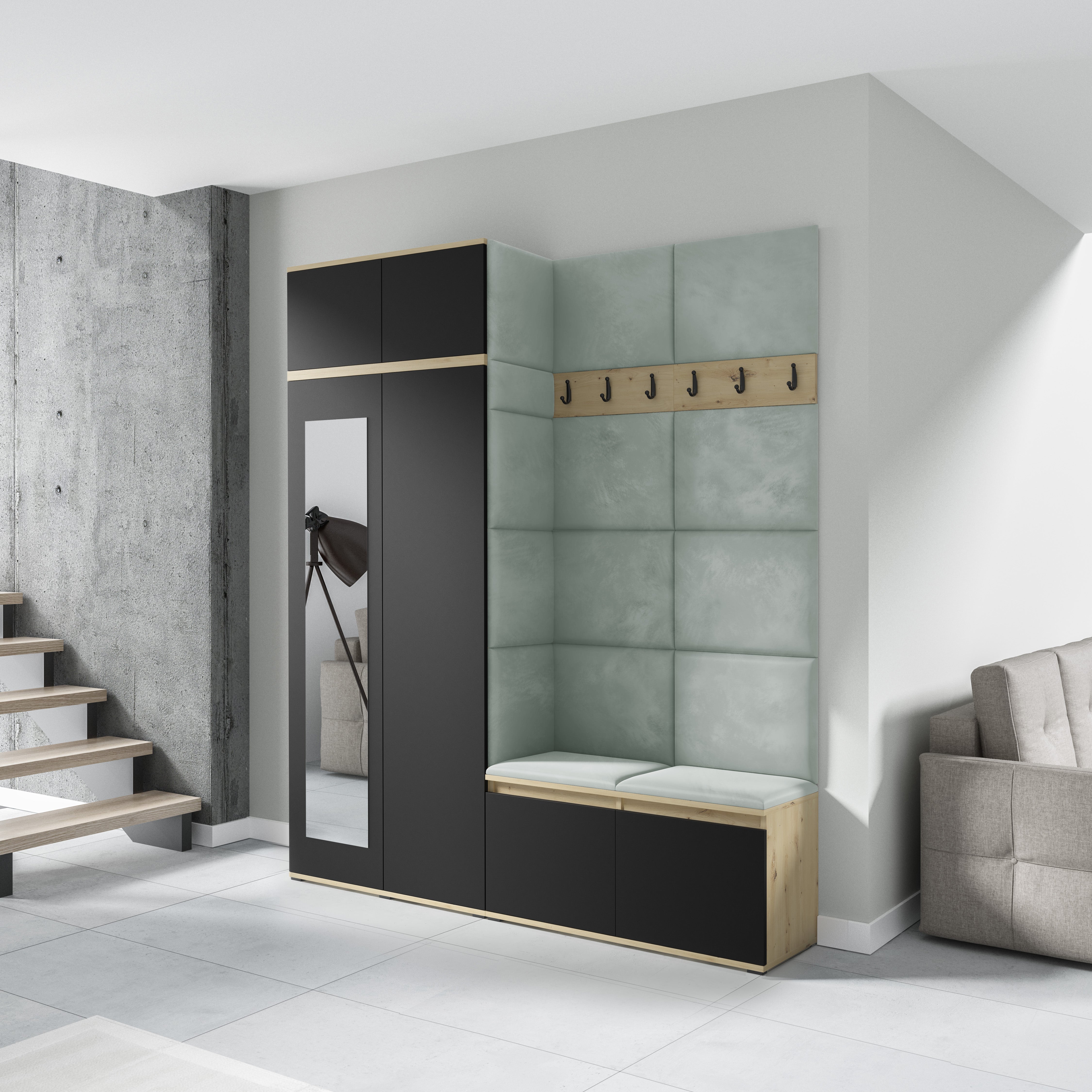 PK Emi 19 Hallway Wardrobe Artisan Oak / Black - Upholstered Panels in Various Colours