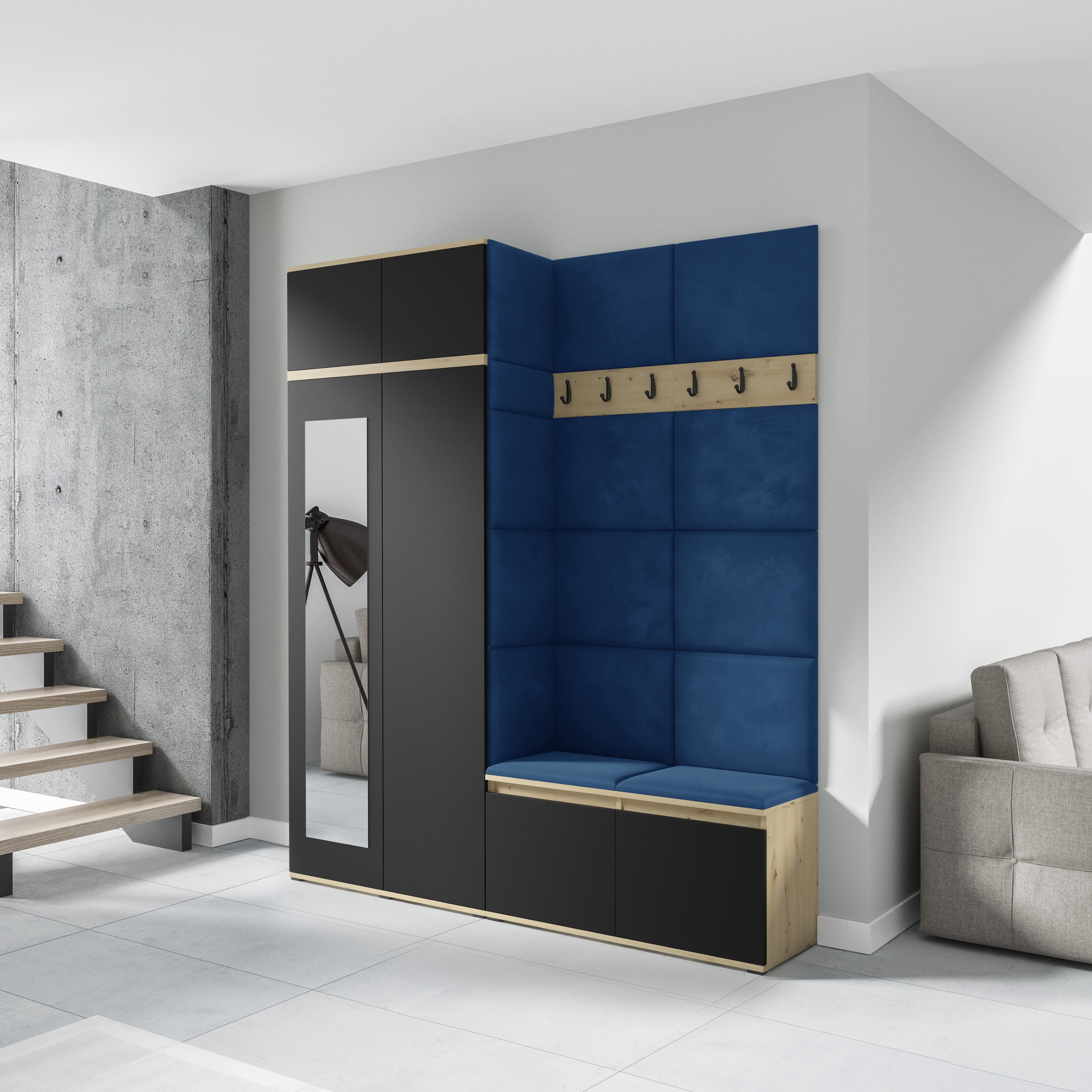 PK Emi 19 Hallway Wardrobe Artisan Oak / Black - Upholstered Panels in Various Colours