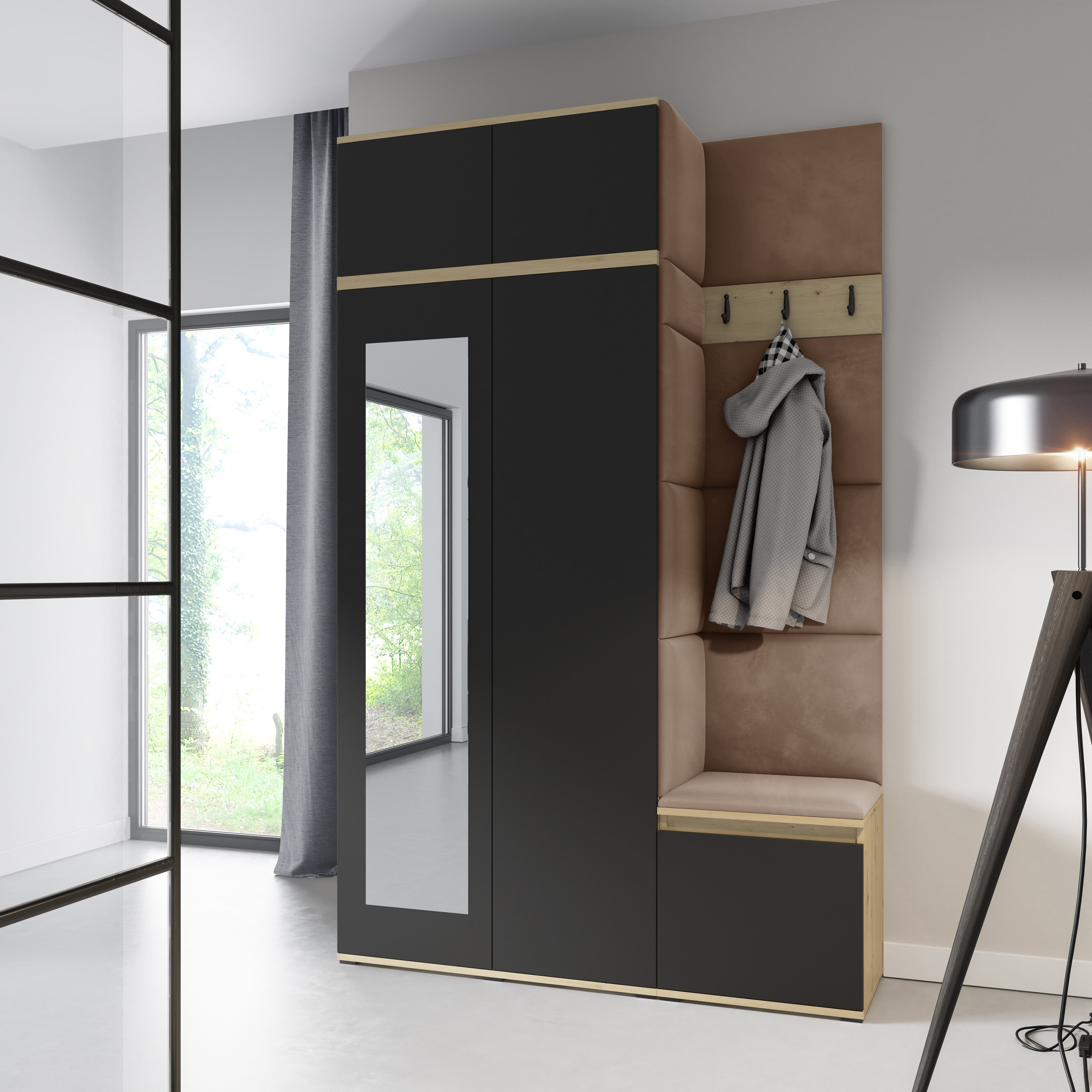 PK Emi 20 Hallway Wardrobe Artisan Oak / Black - Upholstered Panels in Various Colours