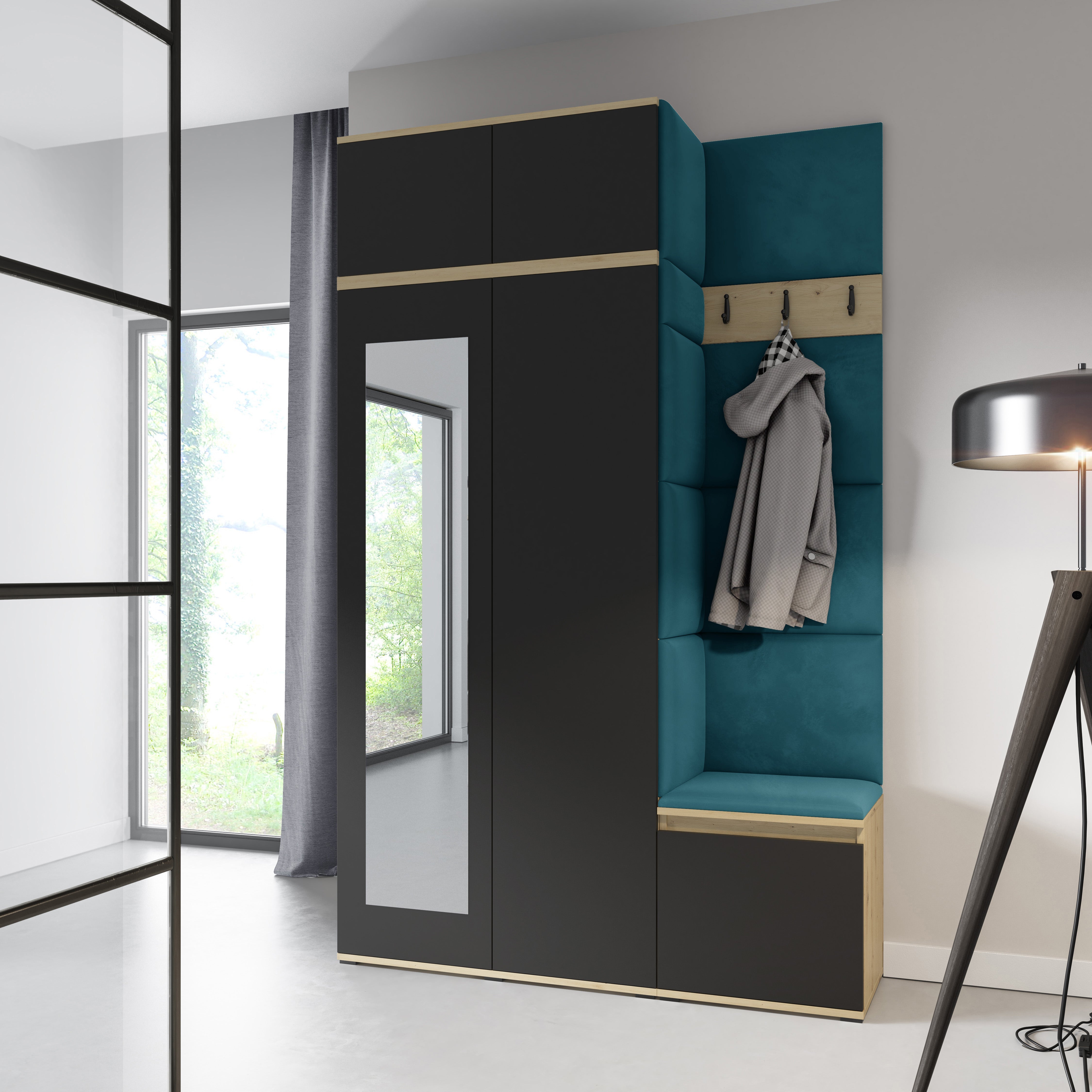 PK Emi 20 Hallway Wardrobe Artisan Oak / Black - Upholstered Panels in Various Colours