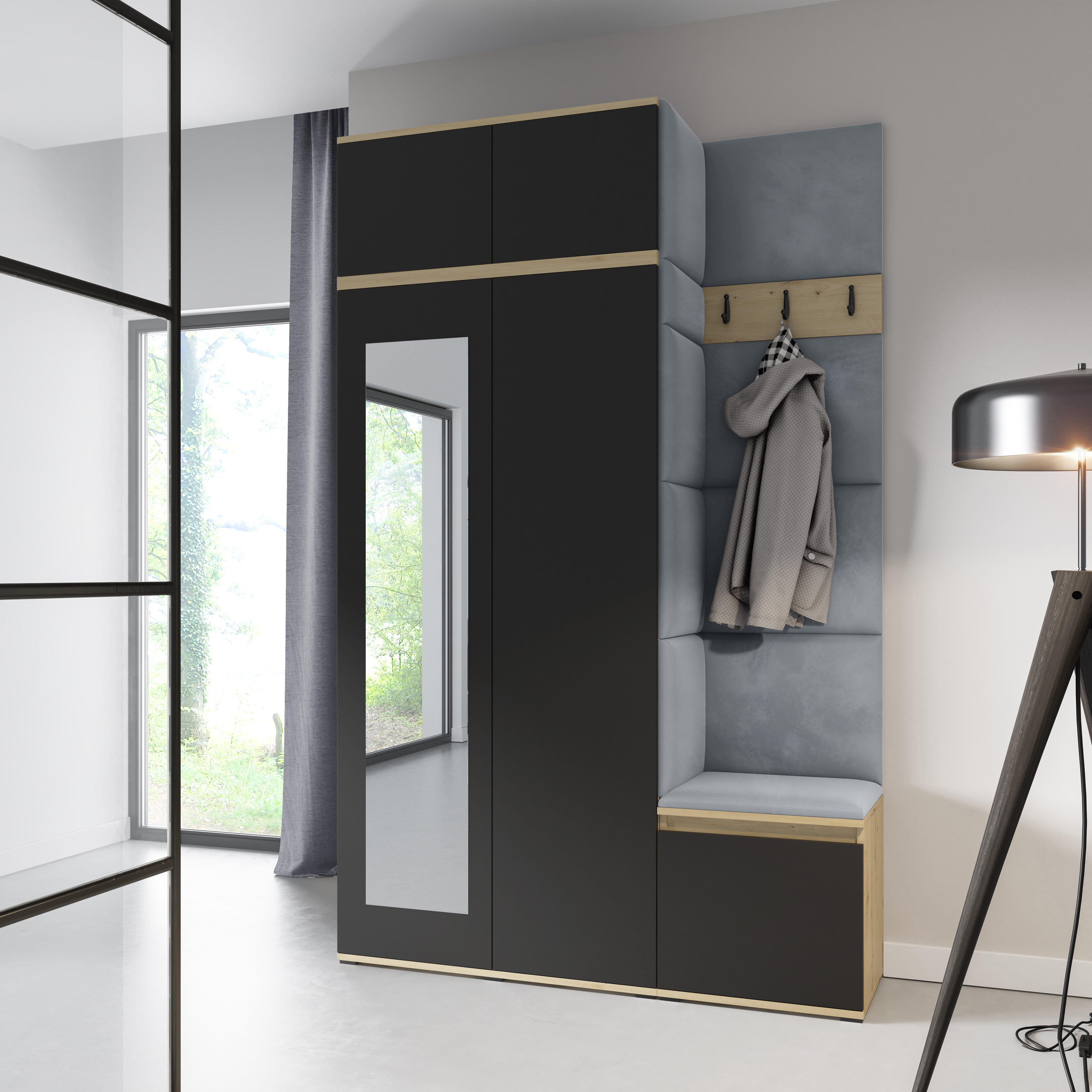 PK Emi 20 Hallway Wardrobe Artisan Oak / Black - Upholstered Panels in Various Colours