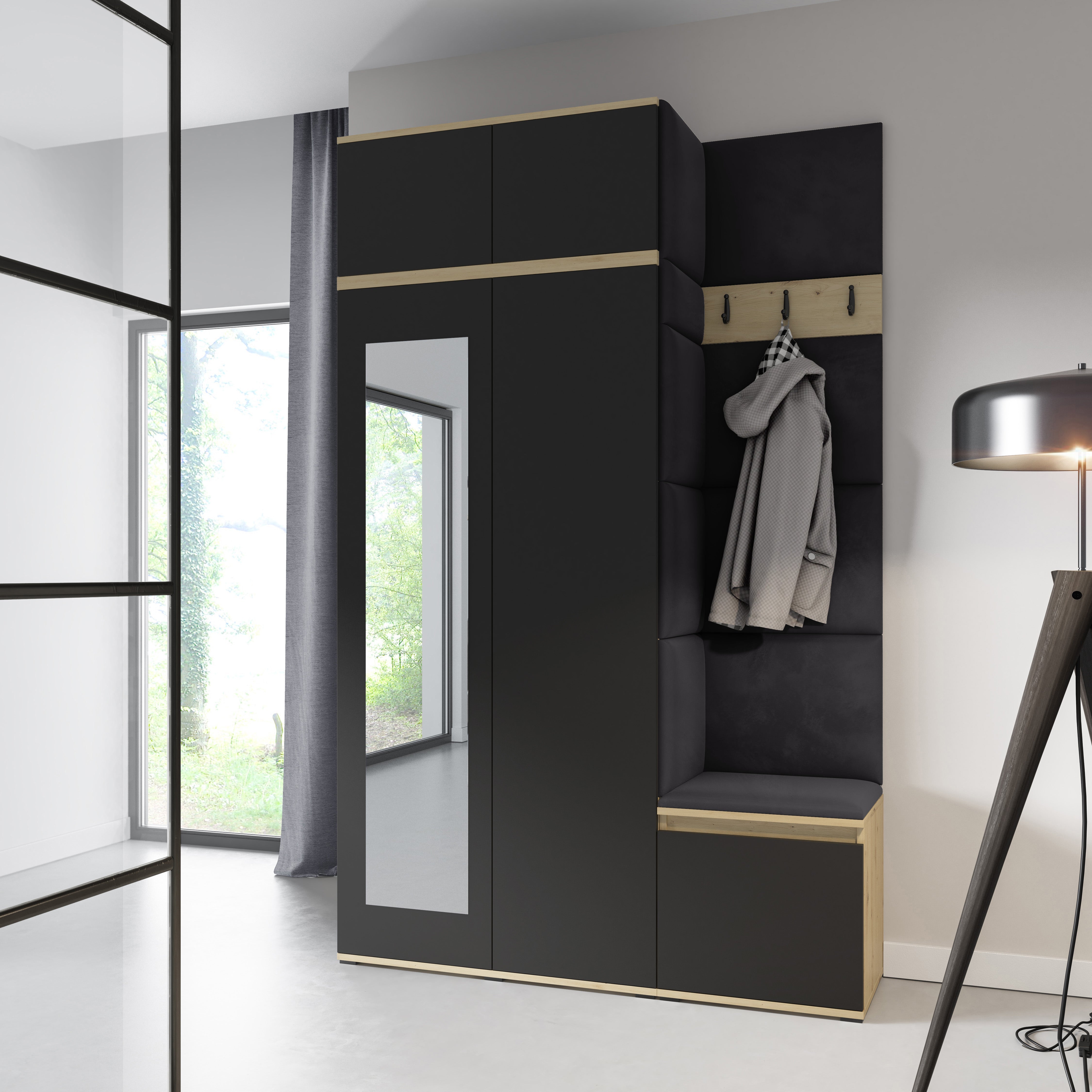 PK Emi 20 Hallway Wardrobe Artisan Oak / Black - Upholstered Panels in Various Colours