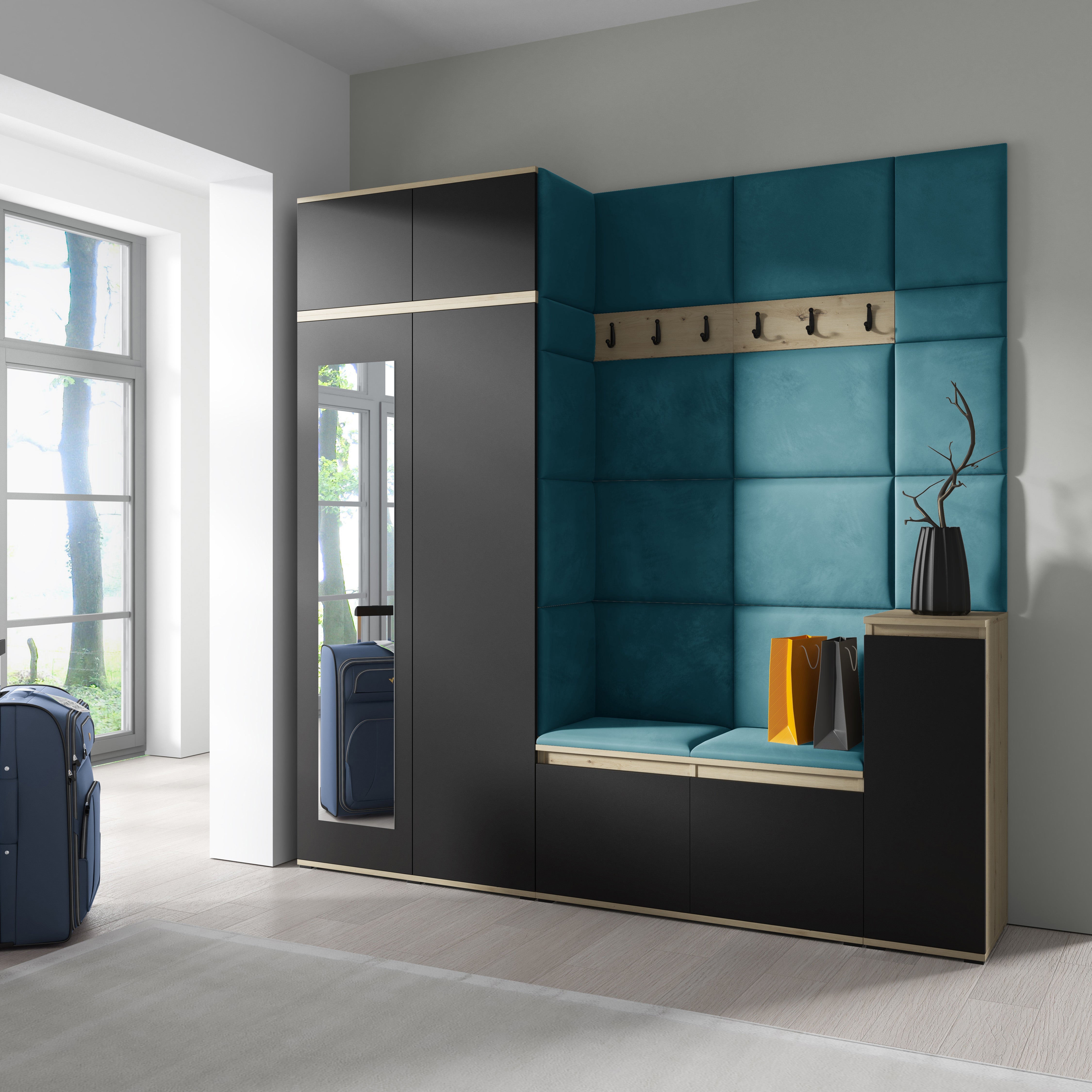 PK Emi 26 Hallway Wardrobe Aristan Oak/Black - Upholstered Panels in Various Colours