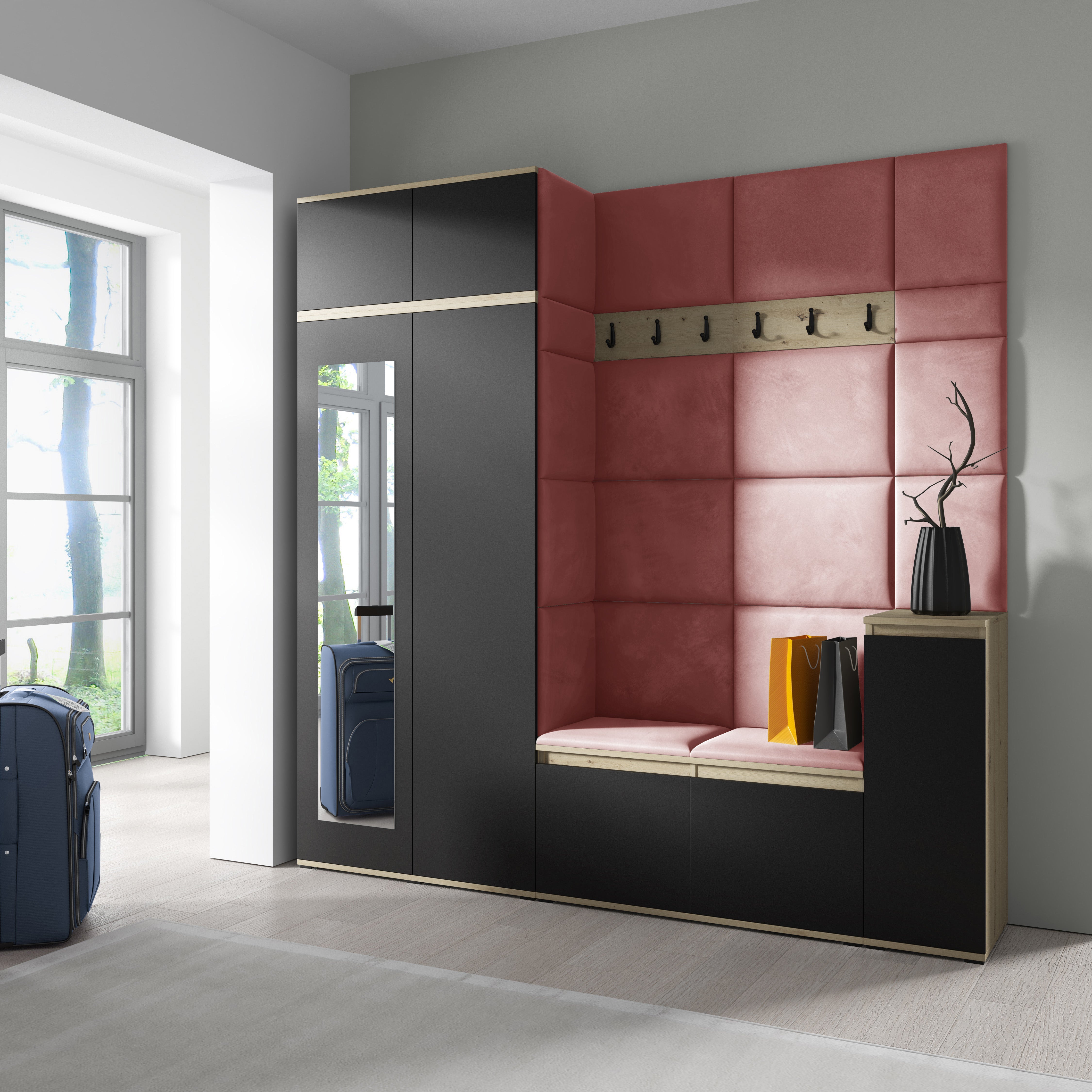 PK Emi 26 Hallway Wardrobe Aristan Oak/Black - Upholstered Panels in Various Colours