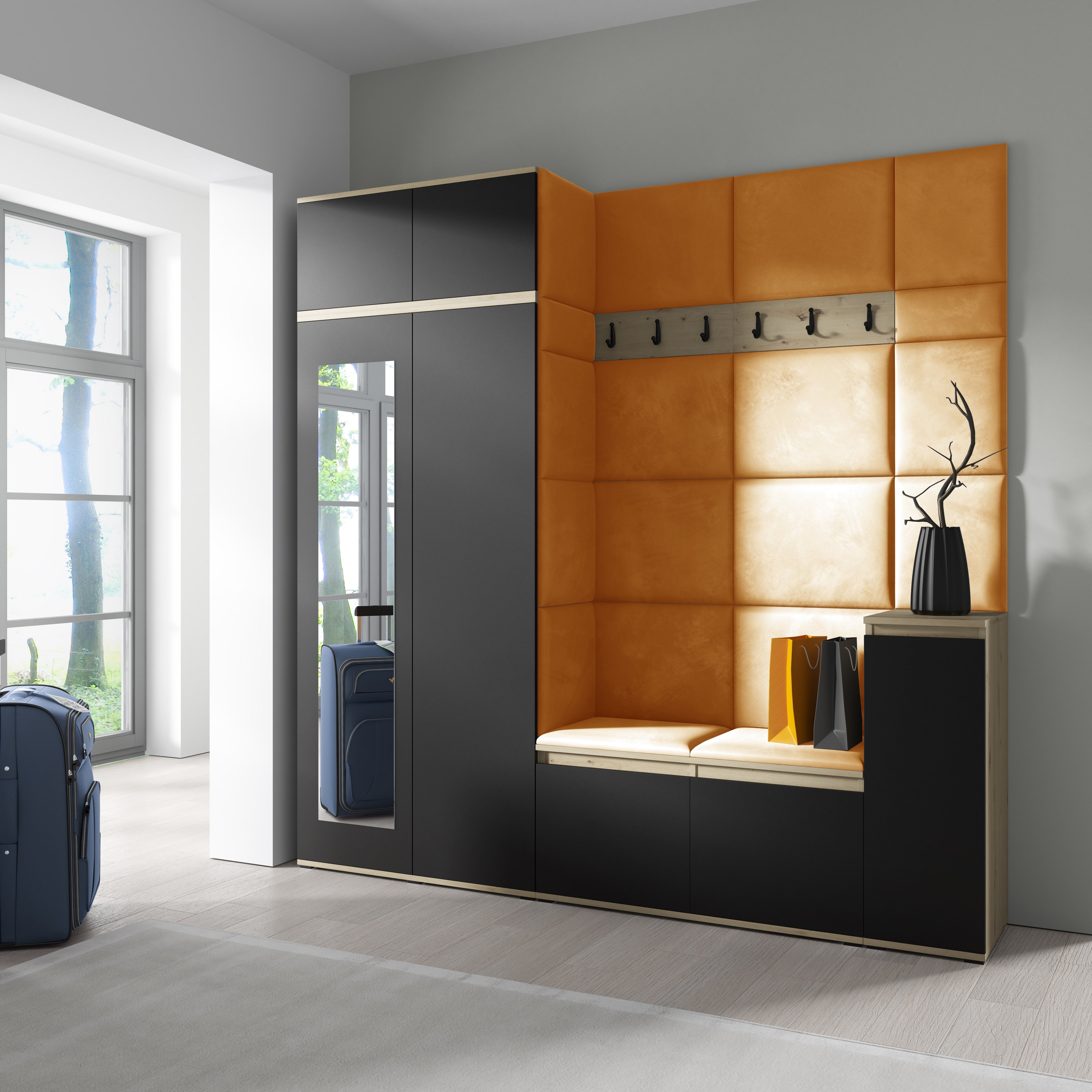 PK Emi 26 Hallway Wardrobe Aristan Oak/Black - Upholstered Panels in Various Colours