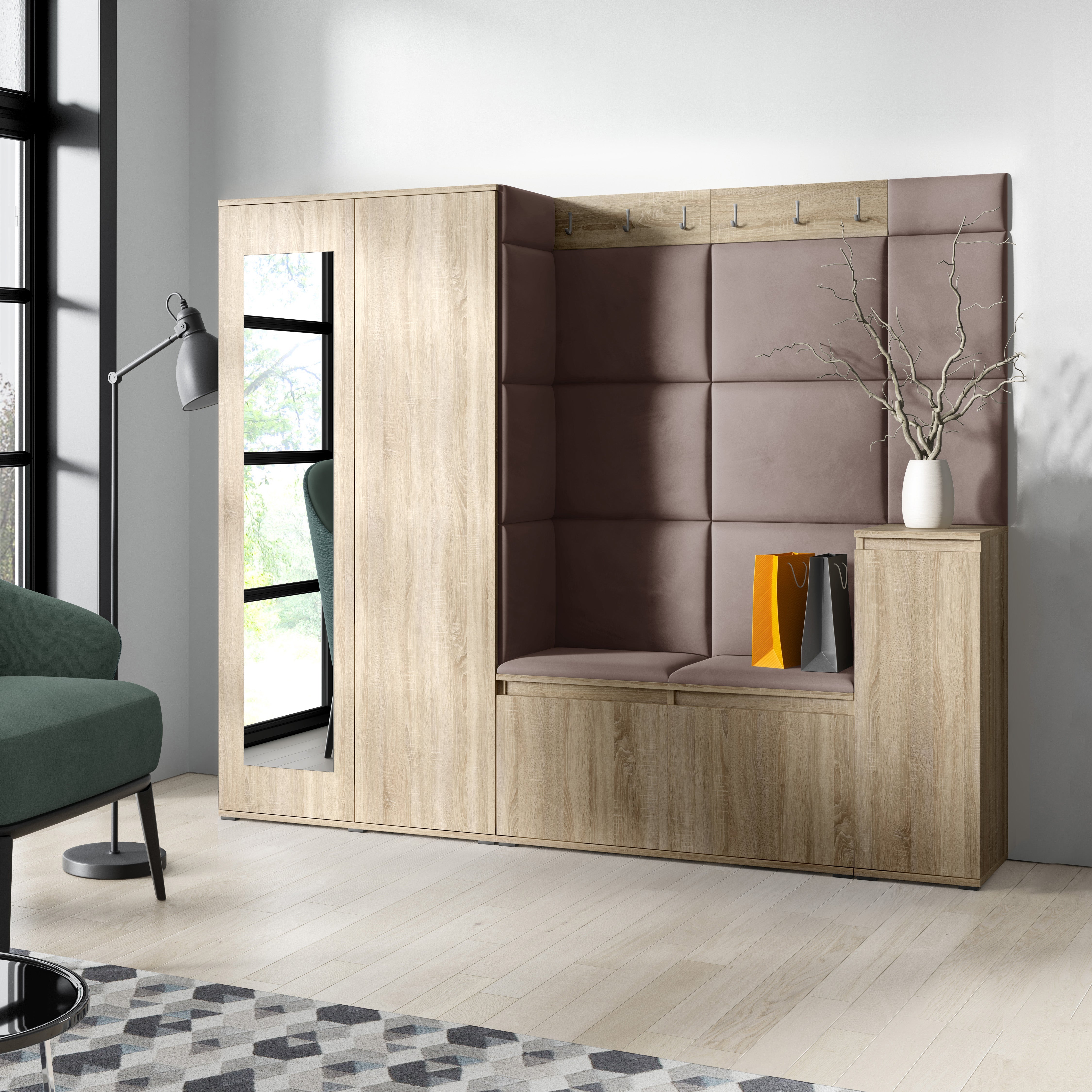 PK Emi 27 Hallway Wardrobe Sonoma Oak - Upholstered Panels in Various Colours